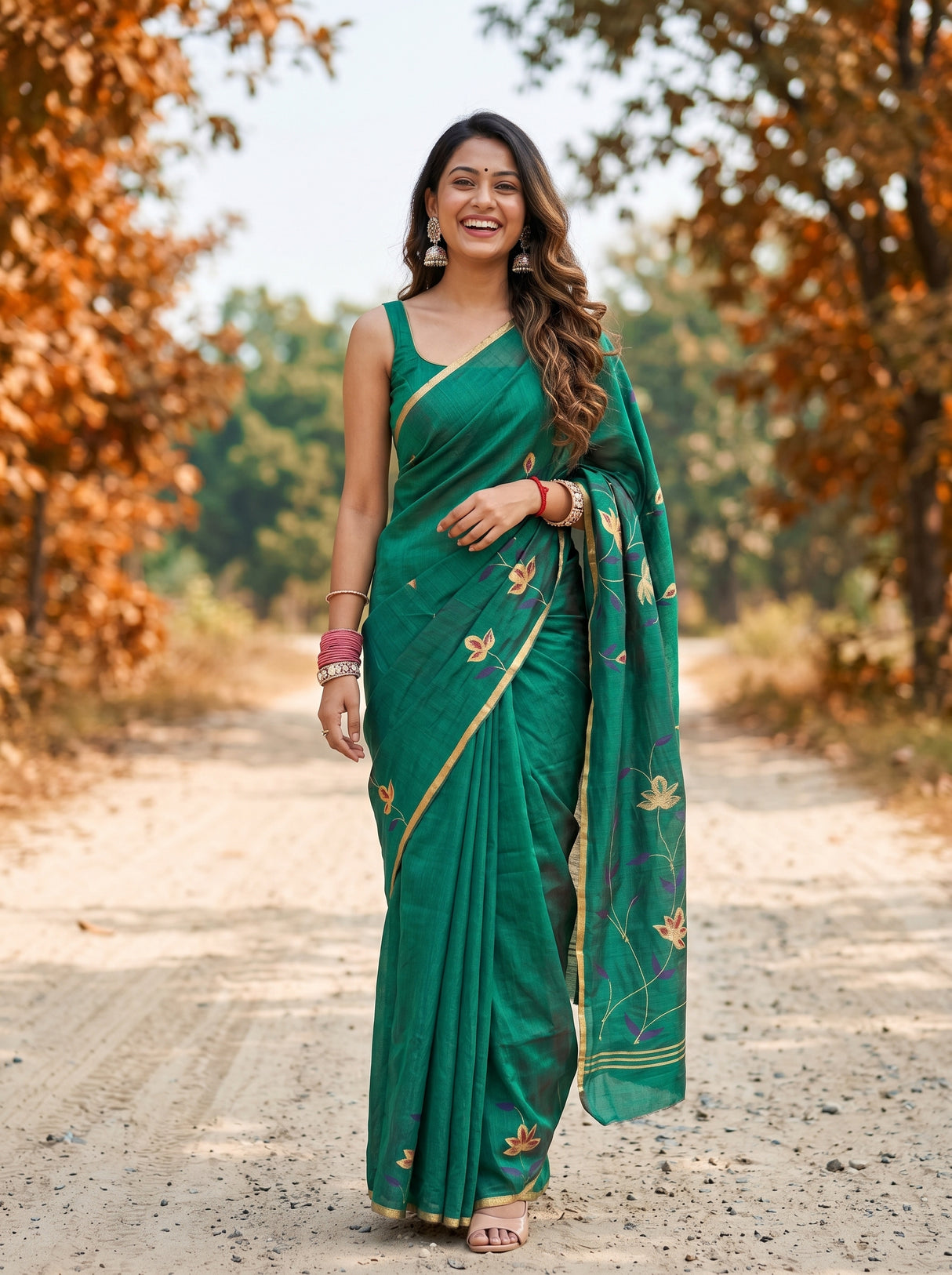 MIMOSA Rama Banarasi Art Silk Saree — full view model pose