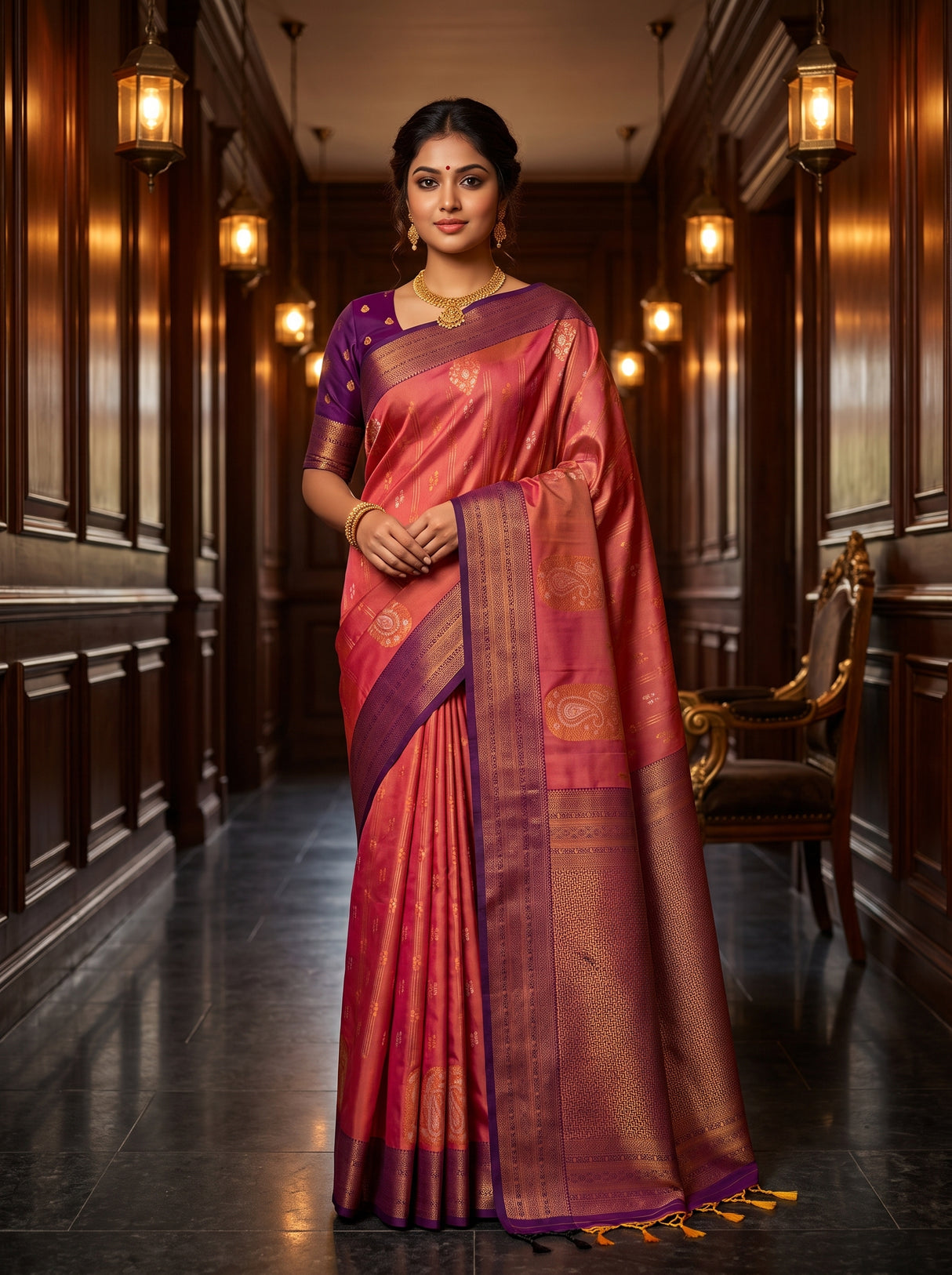 MIMOSA Peach Kanjivaram Art Silk Saree — AI Model lifestyle pose