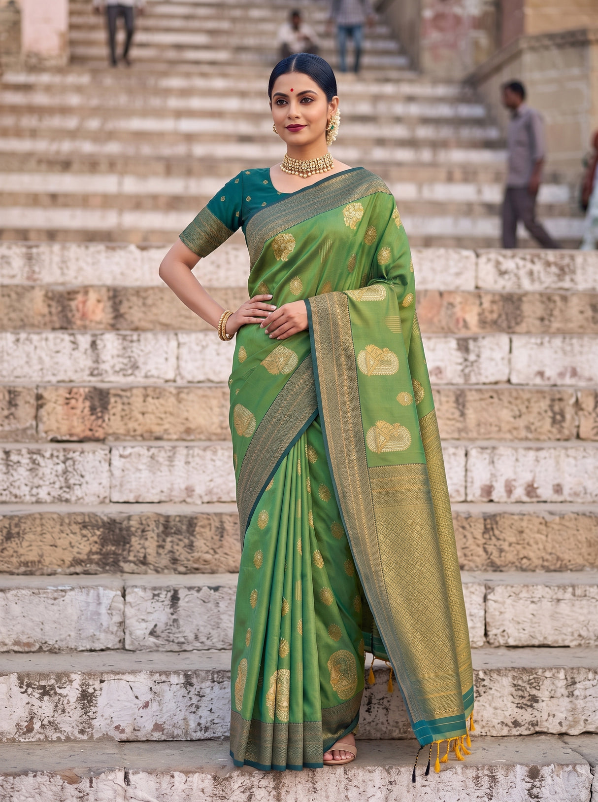 MIMOSA Green Kanjivaram Art Silk Saree — pose 4 styling detail