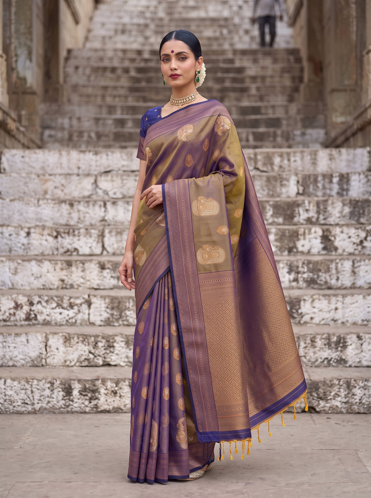 MIMOSA Grey Kanjivaram Art Silk Saree — pose 5 styling detail