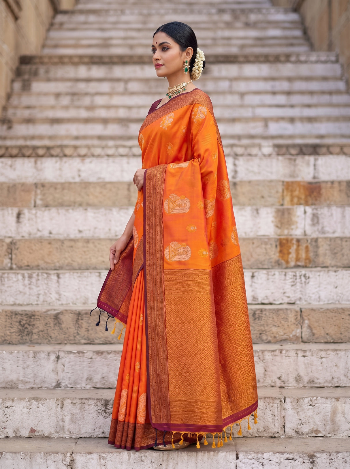 MIMOSA Mustard Kanjivaram Art Silk Saree — pose 4 styling detail