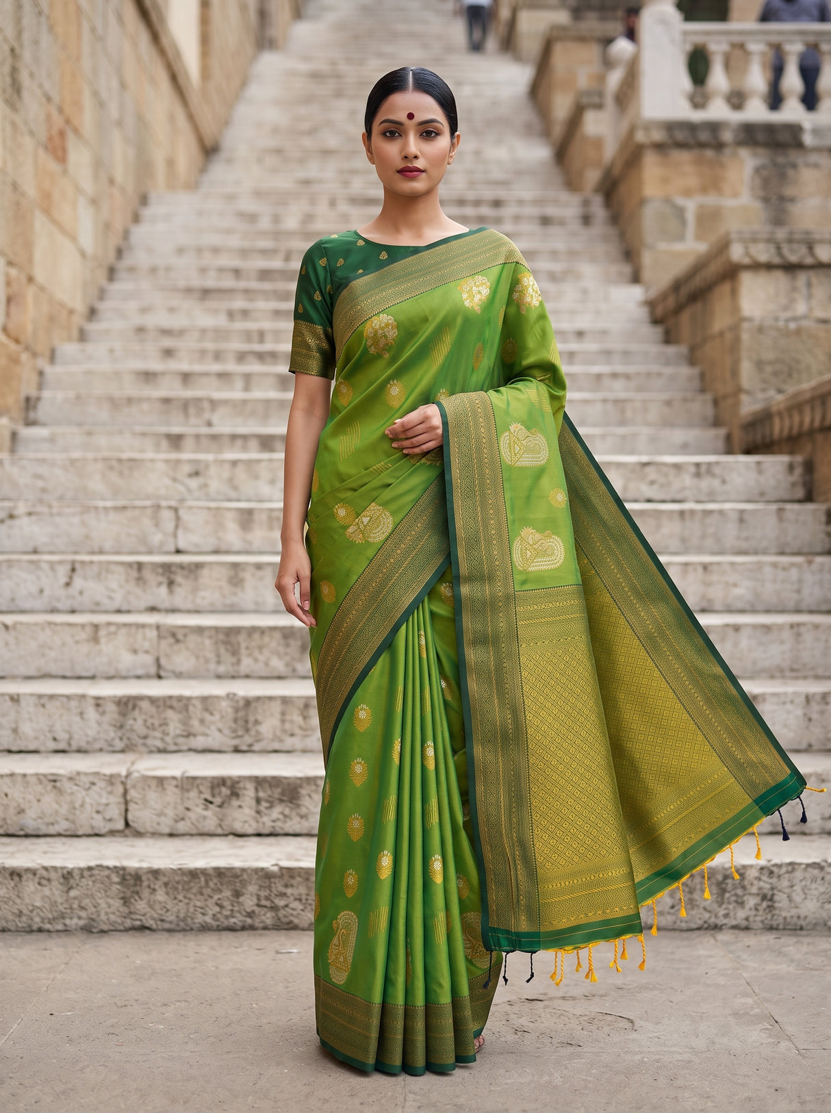 MIMOSA Olive Kanjivaram Art Silk Saree — front view on mannequin
