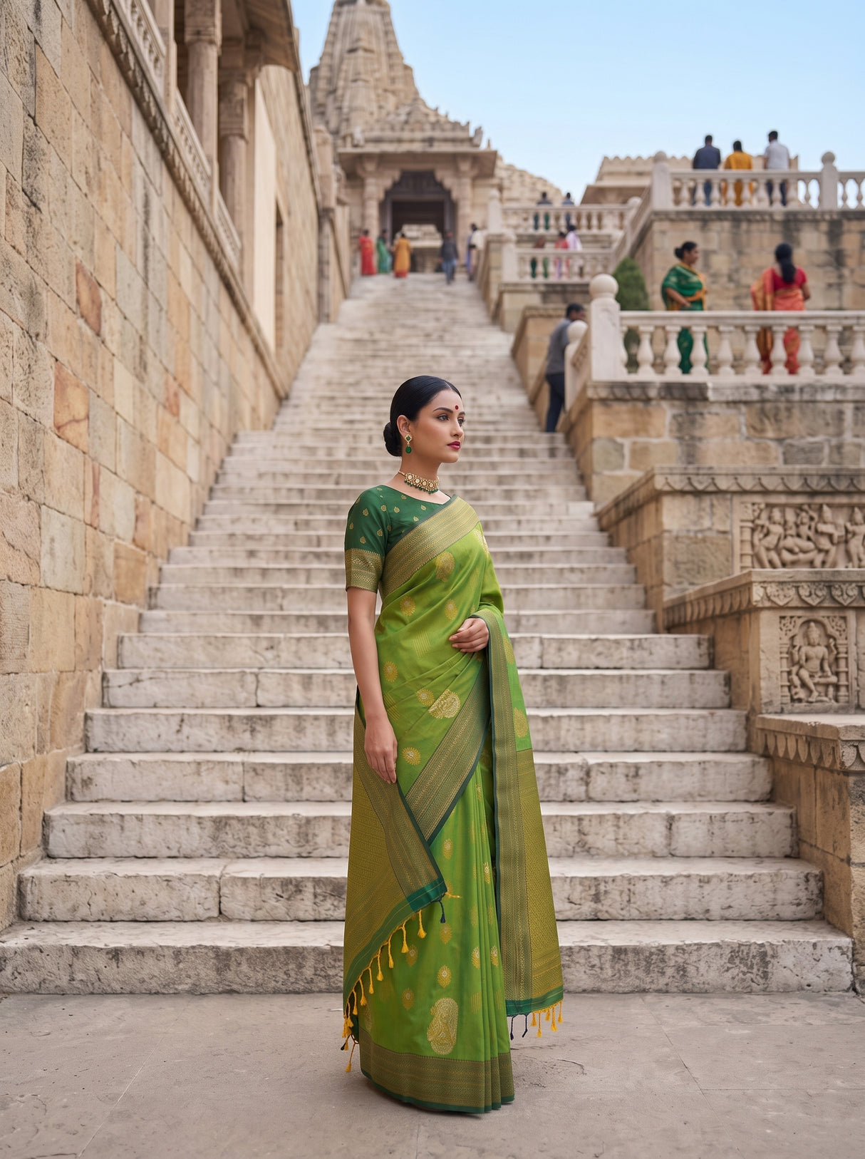 MIMOSA Olive Kanjivaram Art Silk Saree — pose 3 styling detail