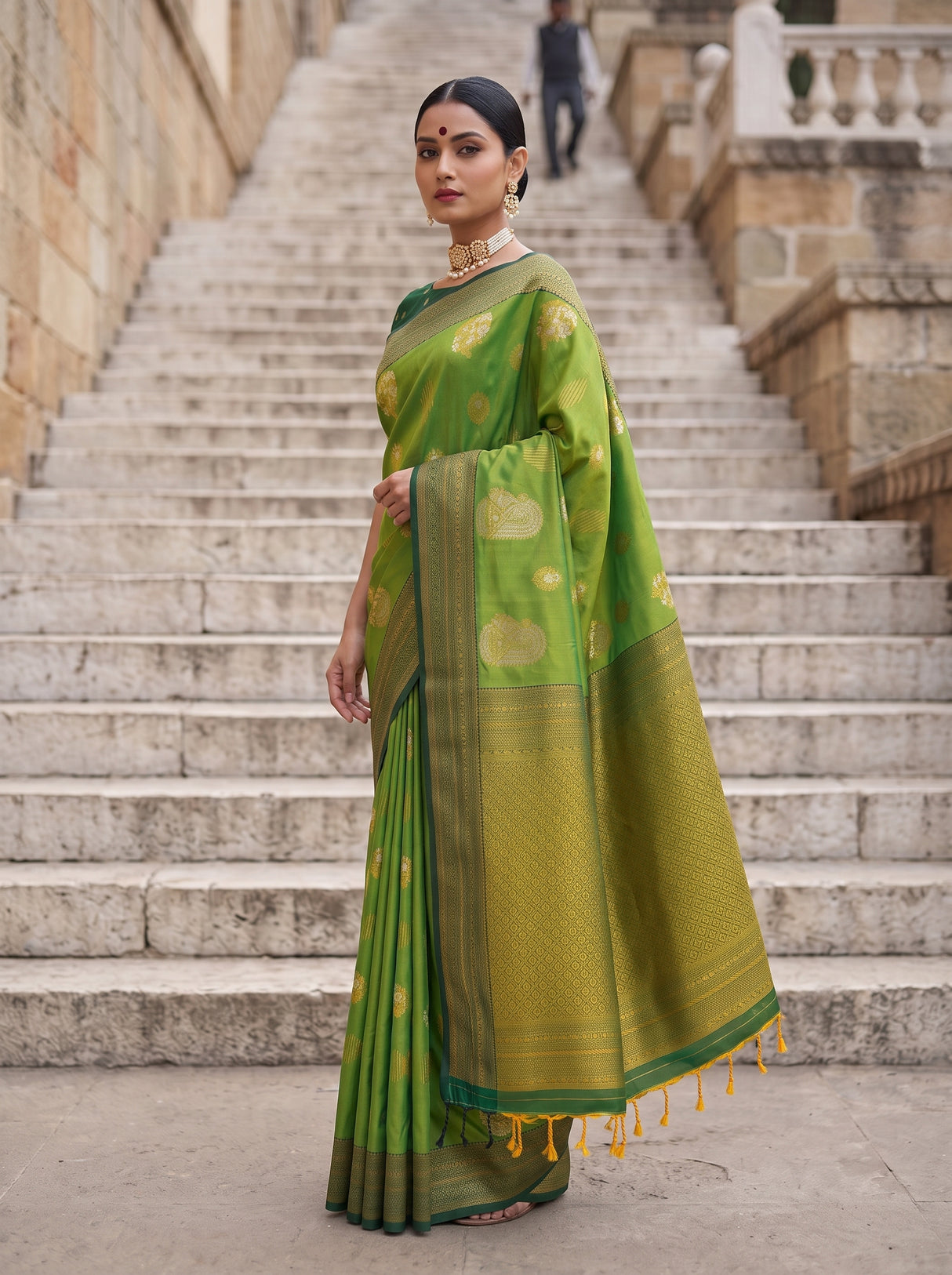 MIMOSA Olive Kanjivaram Art Silk Saree — pose 5 styling detail