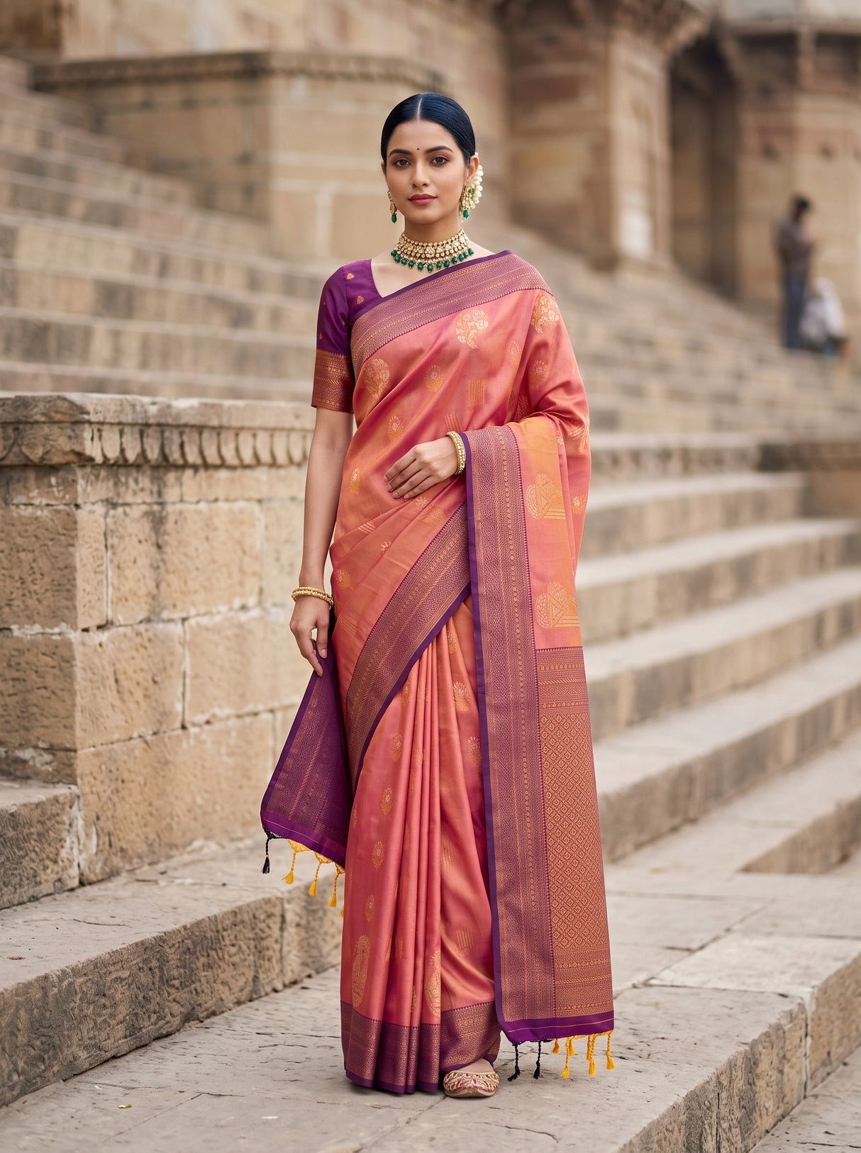 MIMOSA Peach Kanjivaram Art Silk Saree — front view on mannequin