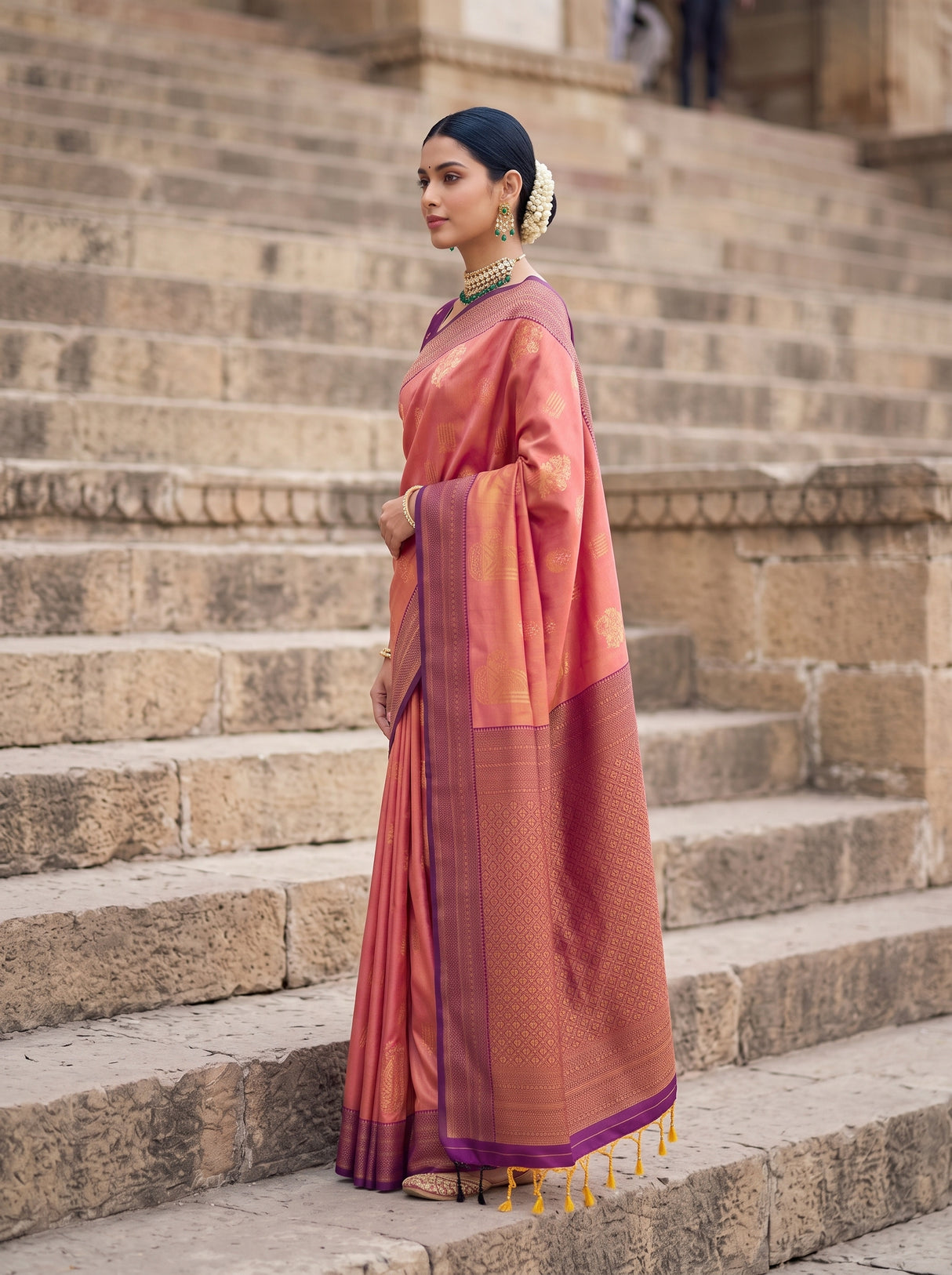 MIMOSA Peach Kanjivaram Art Silk Saree — pose 3 styling detail