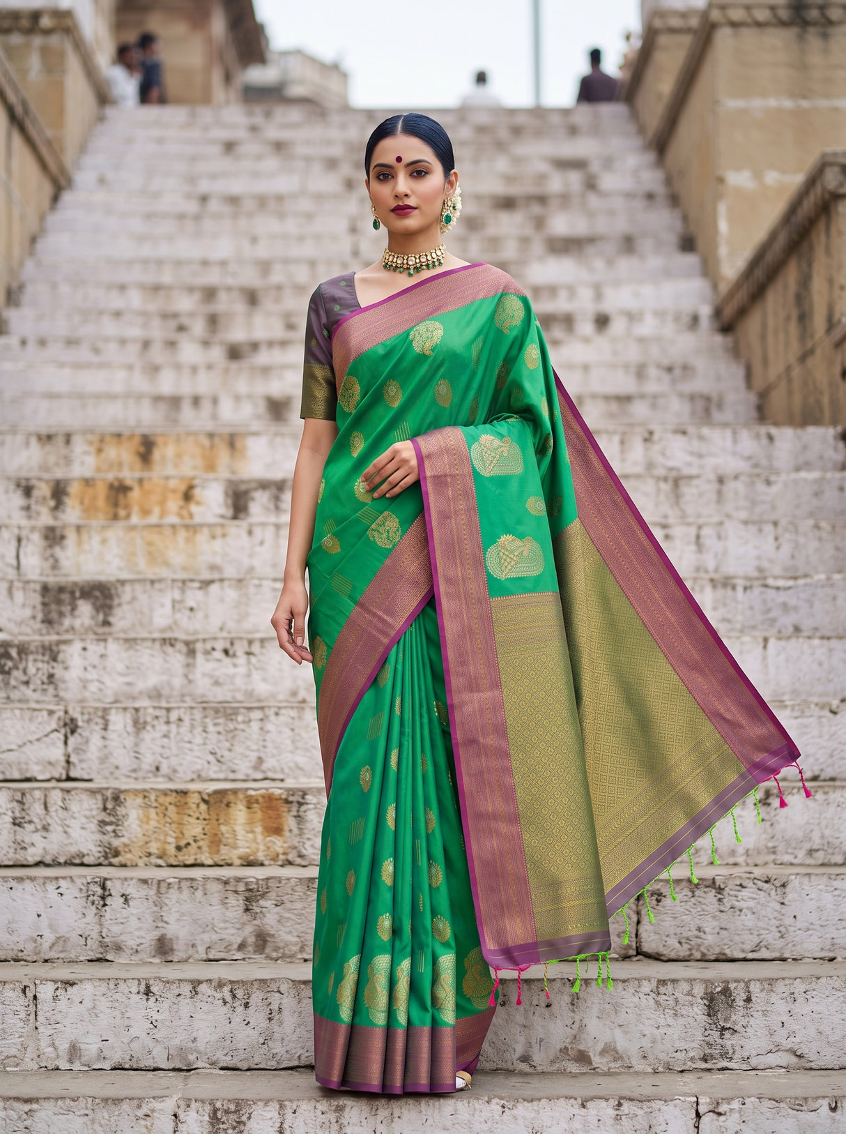 MIMOSA Rama Kanjivaram Art Silk Saree — front view on mannequin