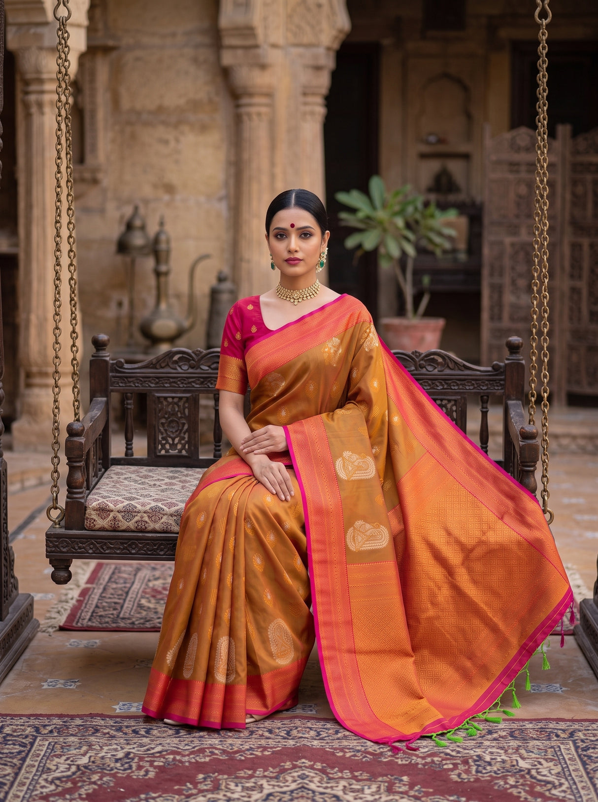 MIMOSA Rust Kanjivaram Art Silk Saree — pose 8 styling detail