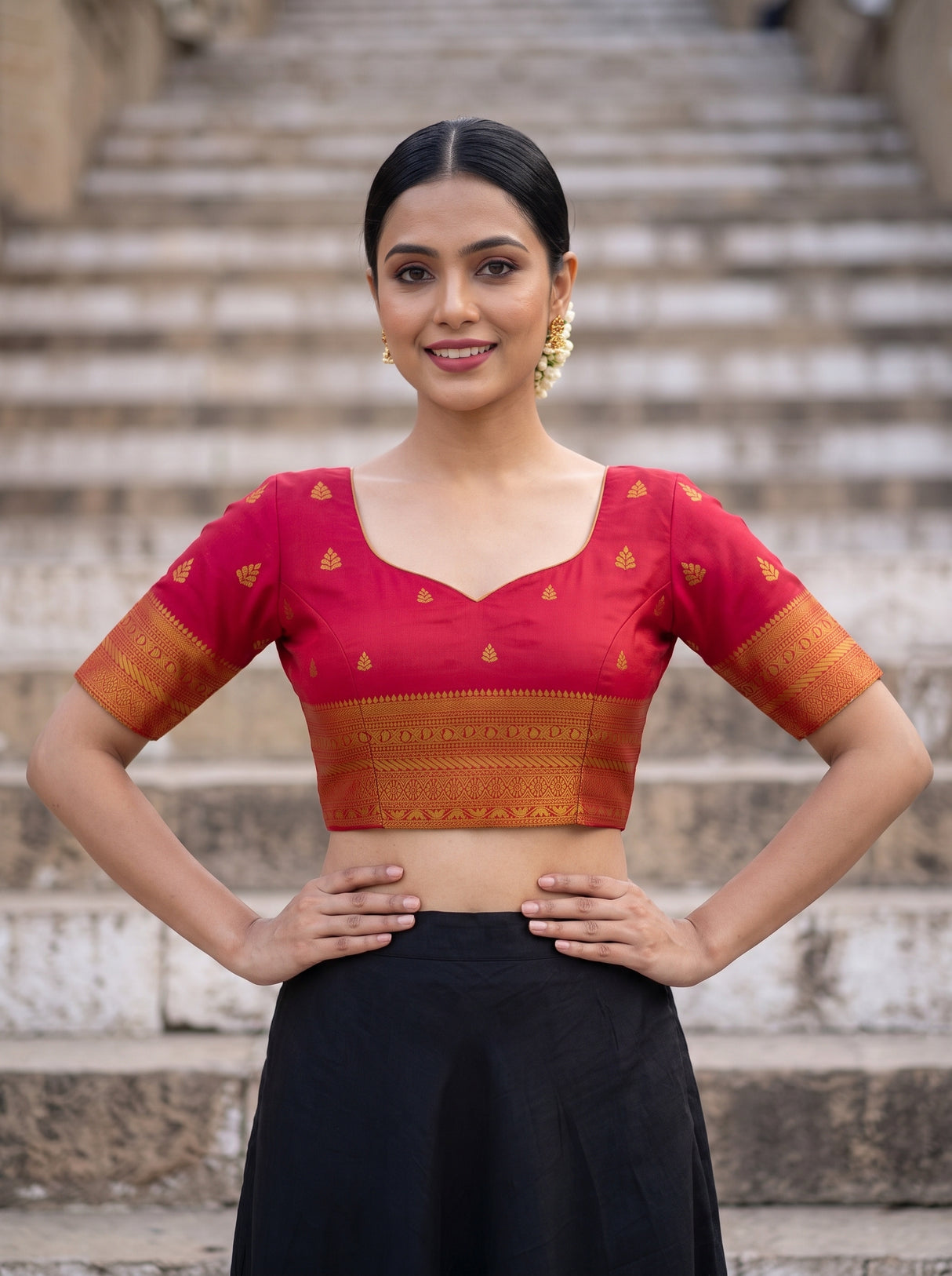 MIMOSA Rust Kanjivaram Art Silk Saree — blouse close-up