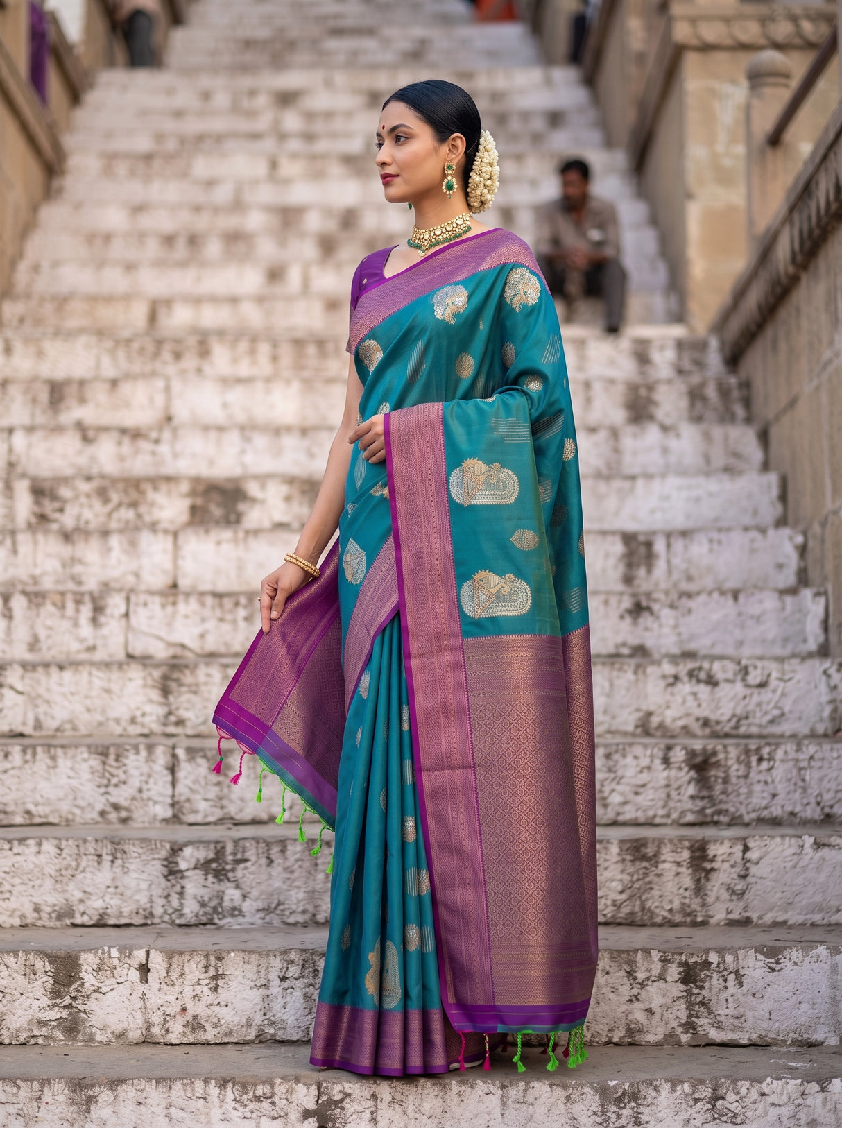 MIMOSA Sapphire Kanjivaram Art Silk Saree — pose 3 styling detail