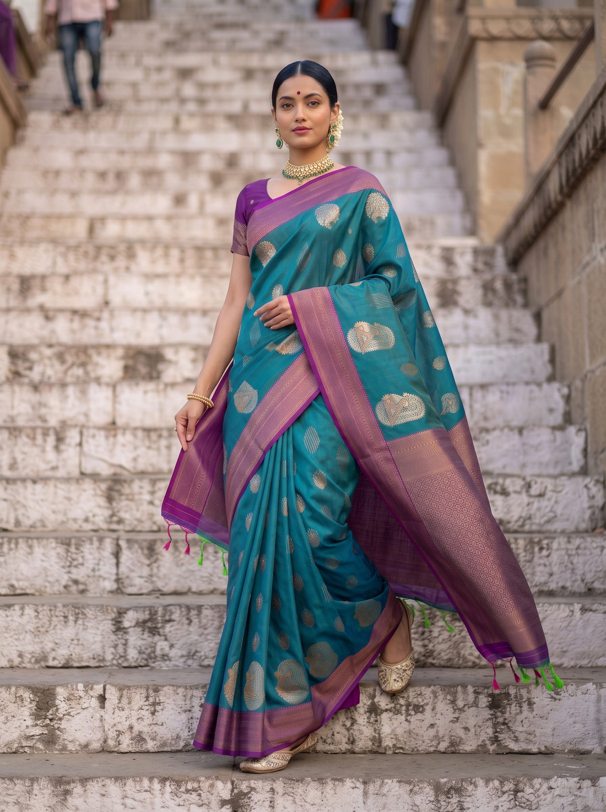 MIMOSA Sapphire Kanjivaram Art Silk Saree — pose 7 styling detail