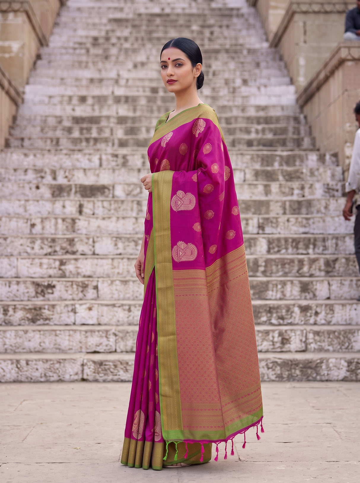 MIMOSA Wine Kanjivaram Art Silk Saree — pose 4 styling detail