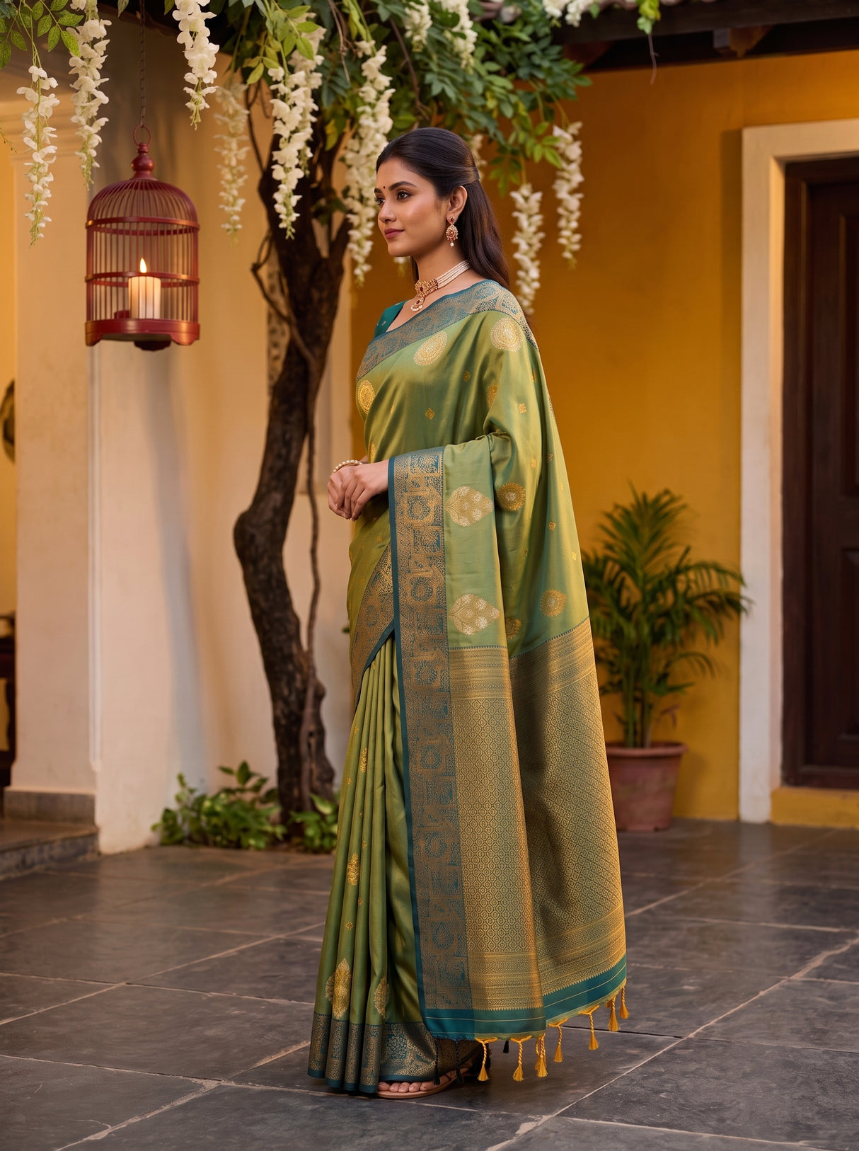 MIMOSA Green Kanjivaram Art Silk Saree — AI Model lifestyle pose