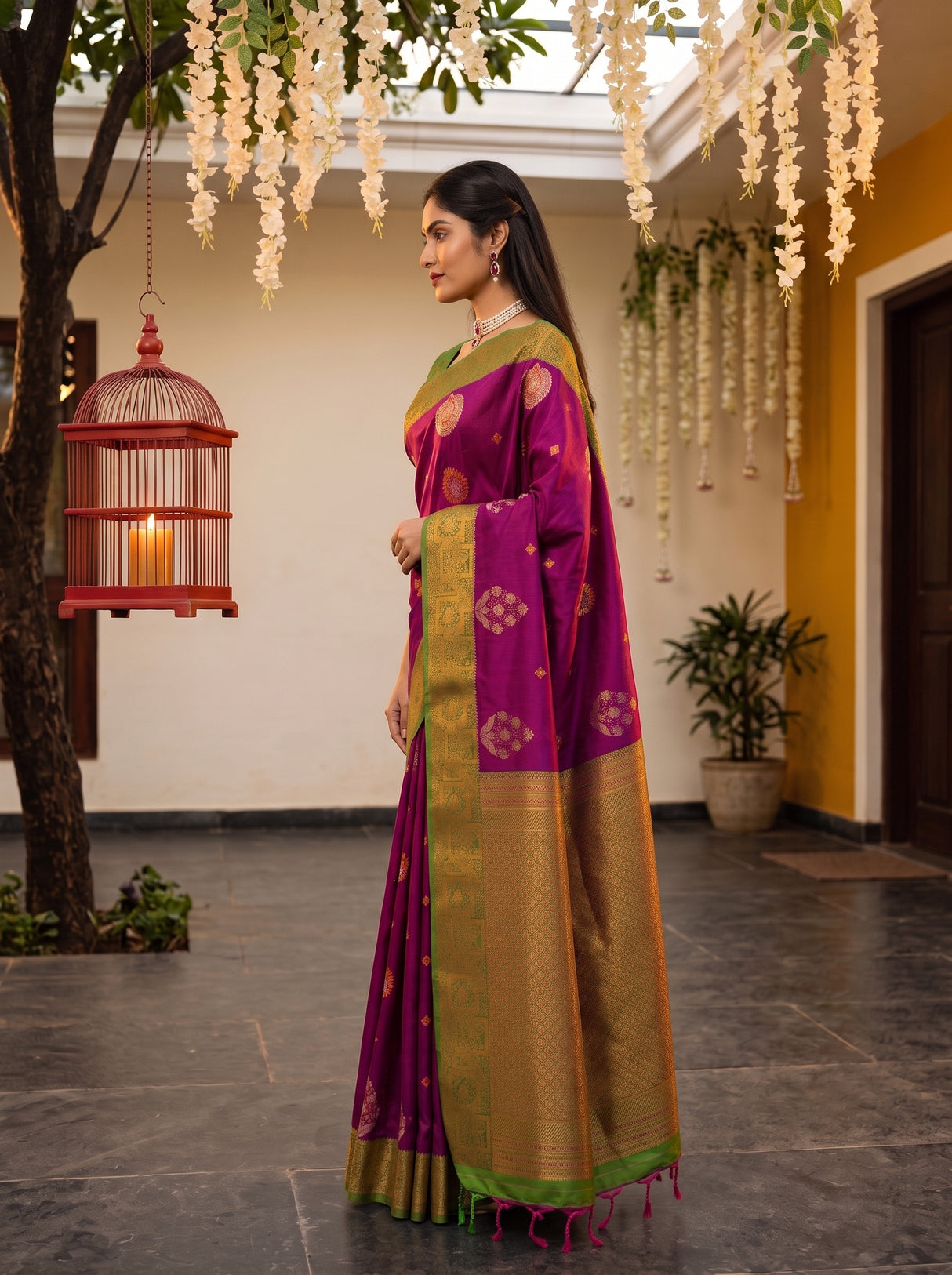 MIMOSA Wine Kanjivaram Art Silk Saree — AI Model lifestyle pose