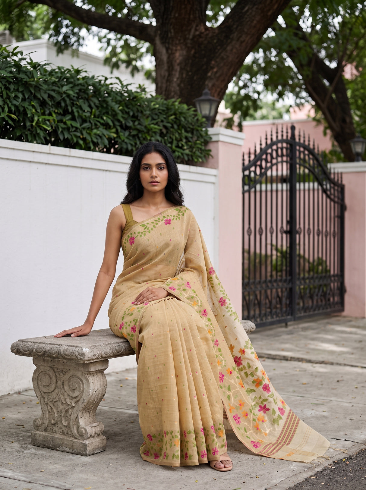 MIMOSA Chiku Banarasi Linen Saree — pose 8 styling detail