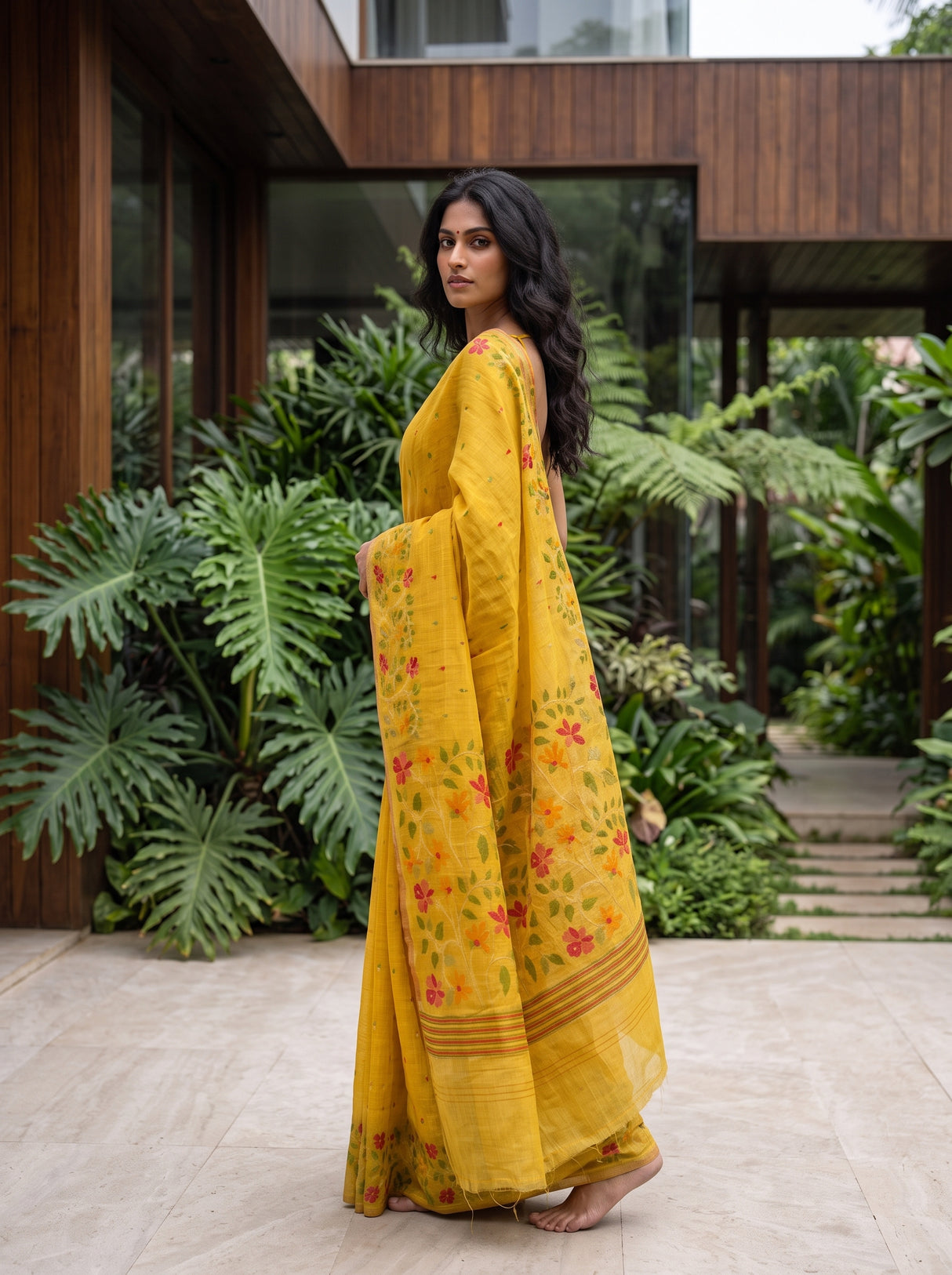 MIMOSA Gold Banarasi Linen Saree — pose 4 styling detail