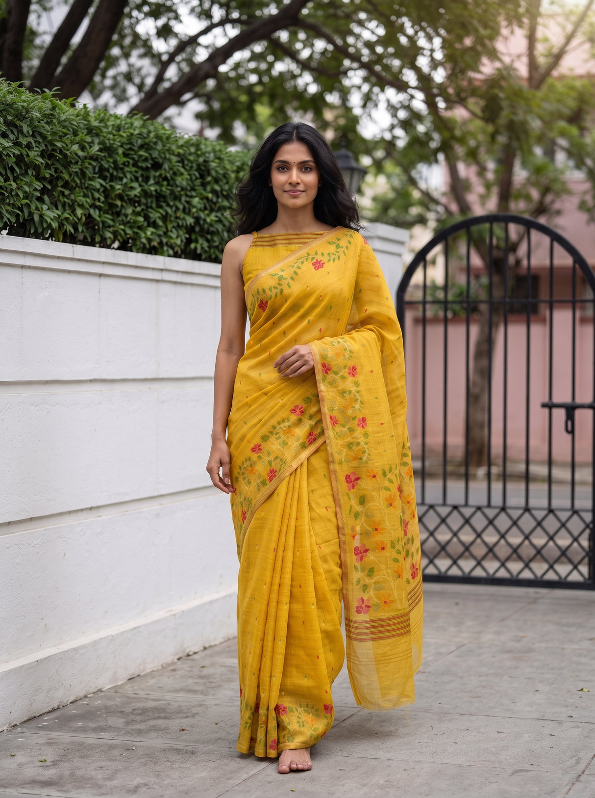 MIMOSA Gold Banarasi Linen Saree — pose 7 styling detail