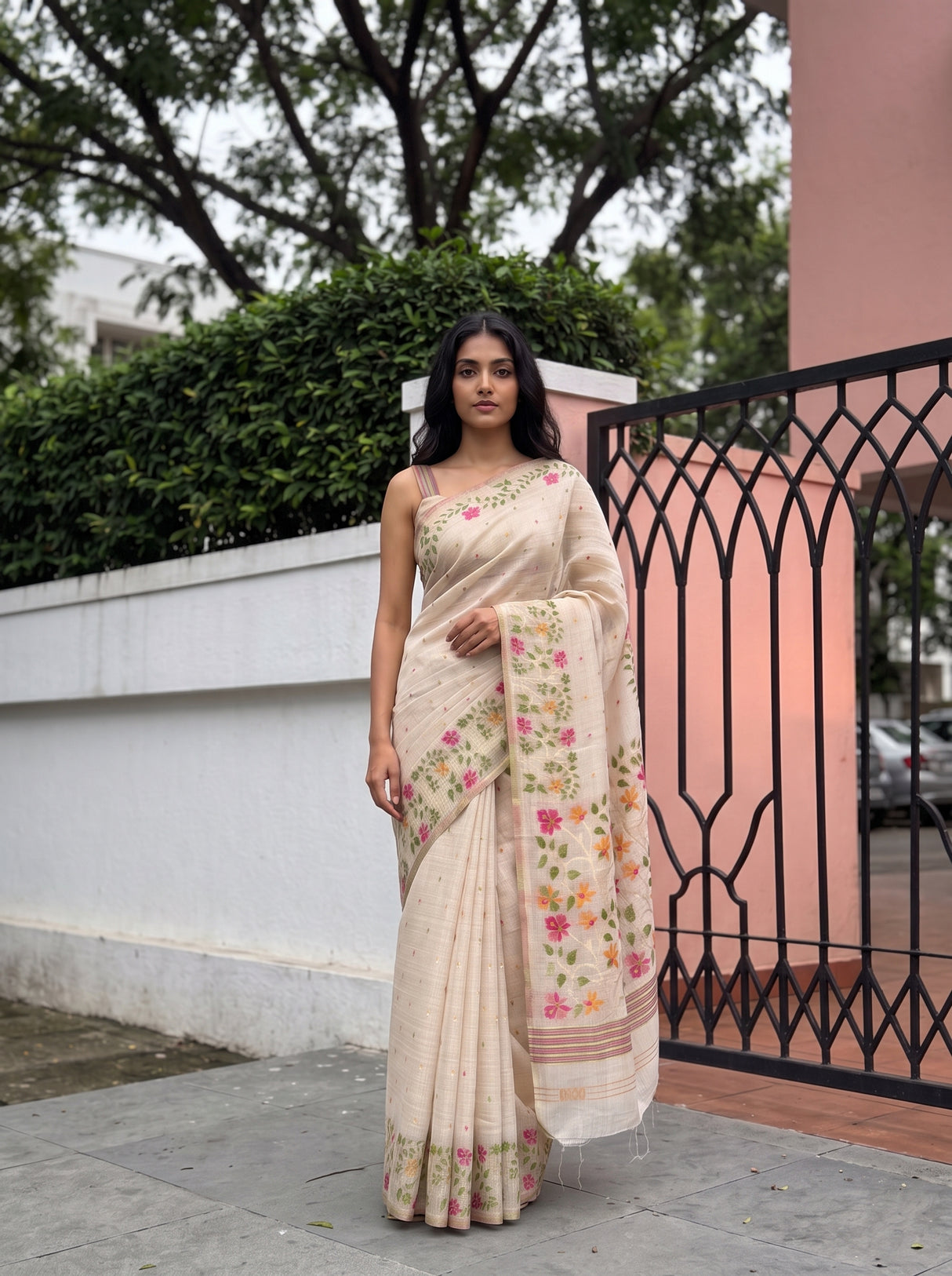 MIMOSA Half White Banarasi Linen Saree — pose 10 styling detail