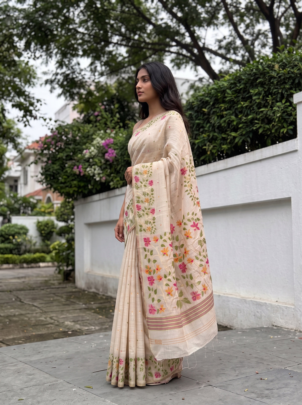 MIMOSA Half White Banarasi Linen Saree — pose 3 styling detail