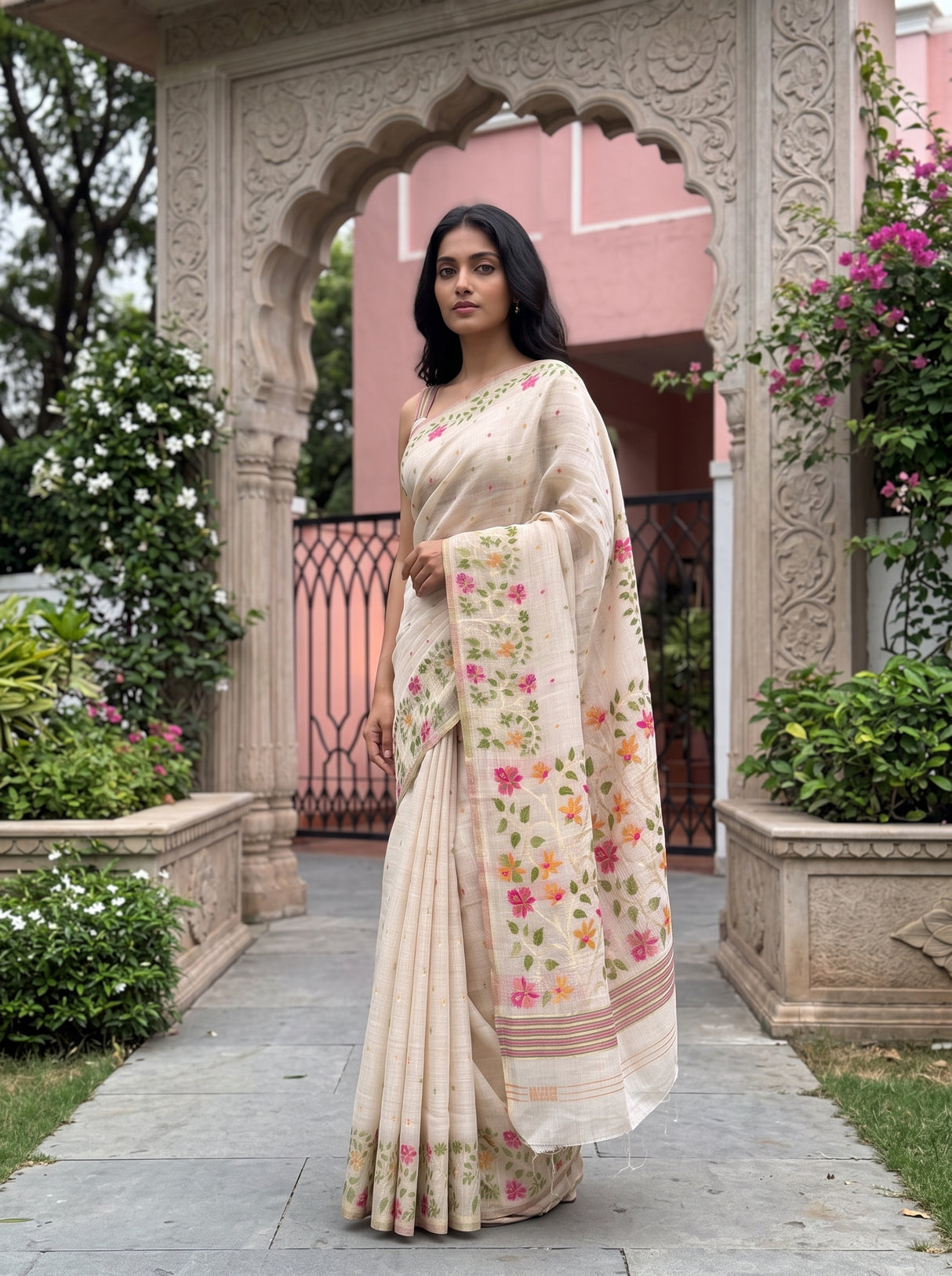 MIMOSA Half White Banarasi Linen Saree — pose 5 styling detail