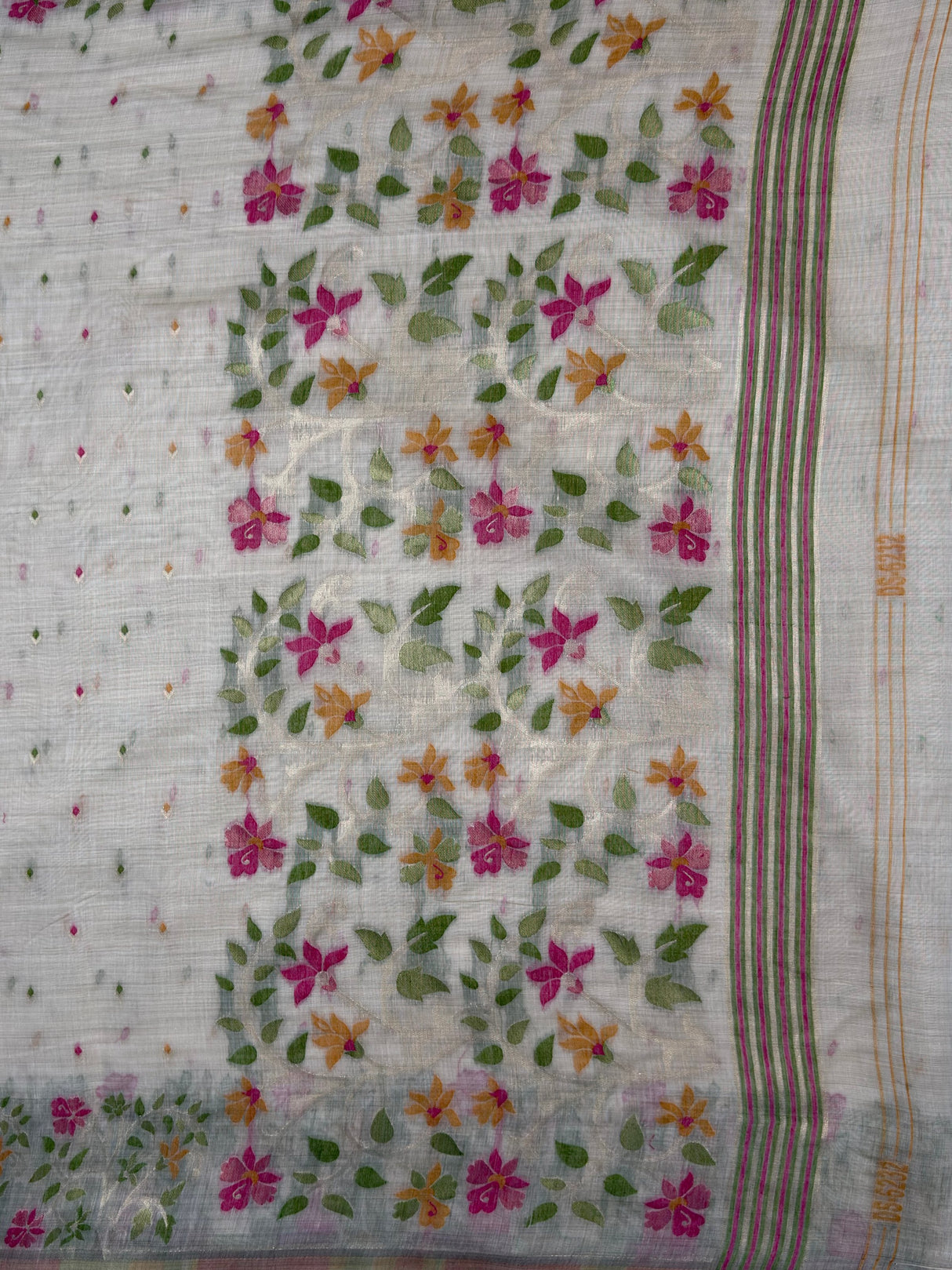 MIMOSA Half White Banarasi Linen Saree — pallu and zari work detail