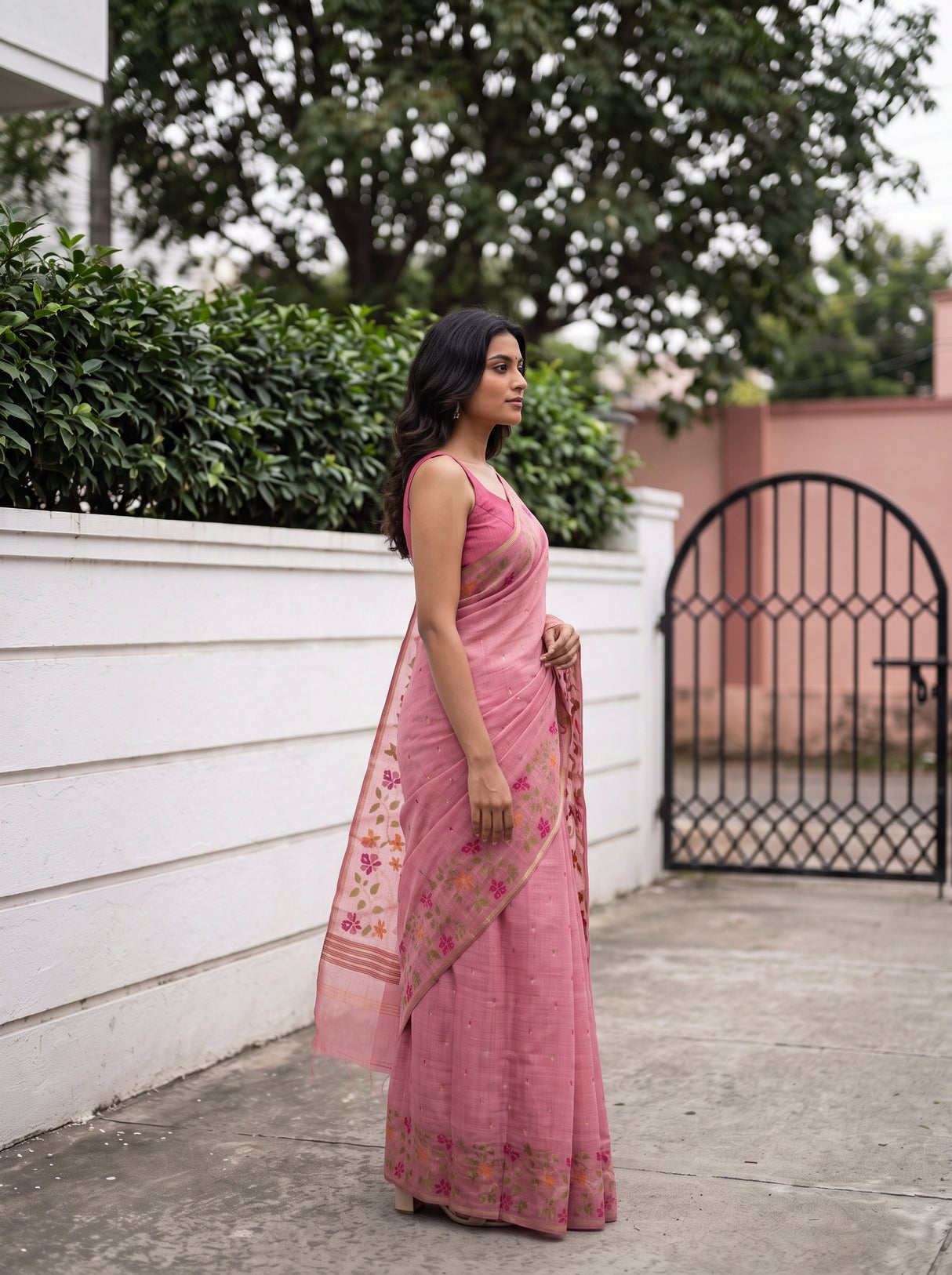 MIMOSA Pink Banarasi Linen Saree — pose 5 styling detail