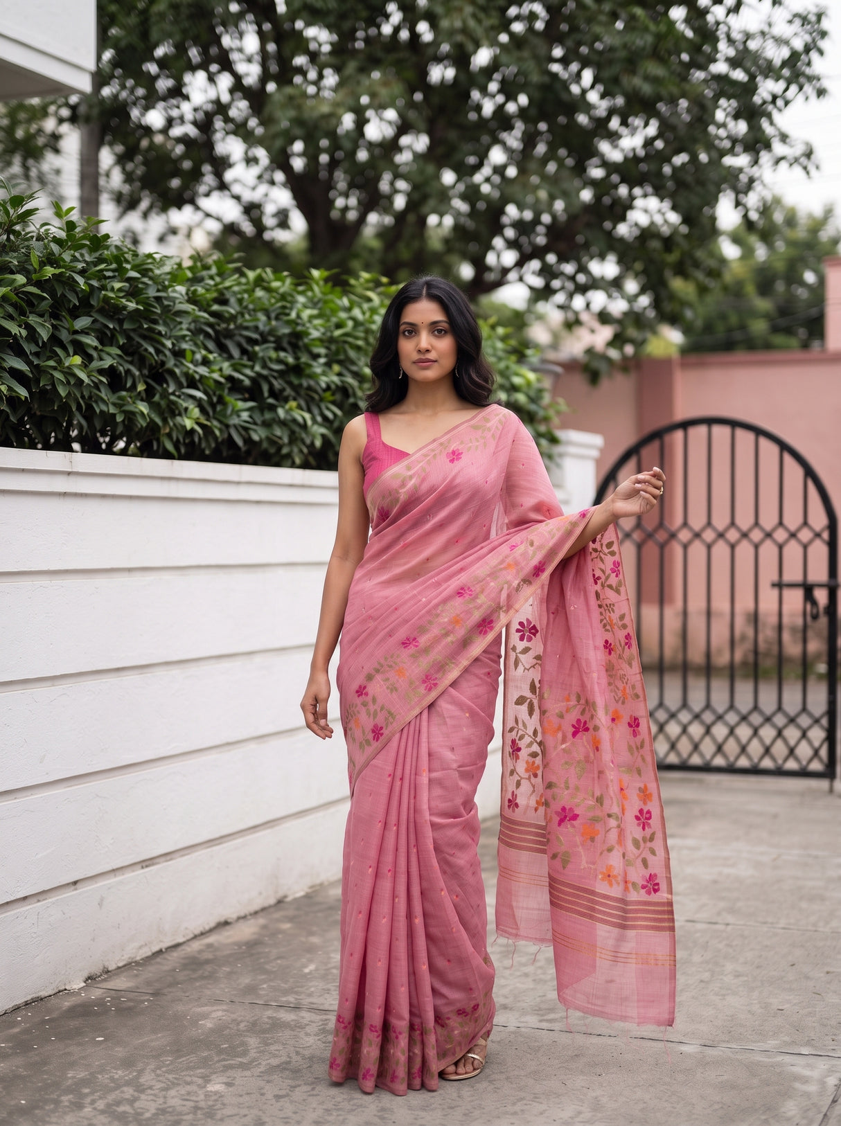 MIMOSA Pink Banarasi Linen Saree — pose 6 styling detail