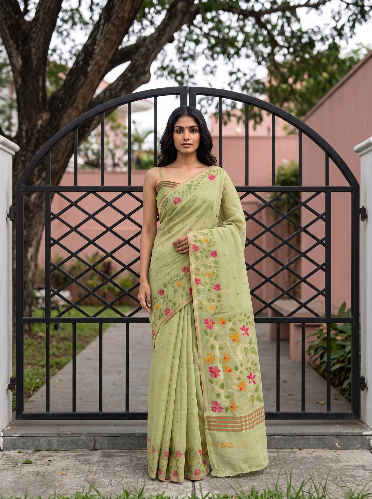 MIMOSA Pista Banarasi Linen Saree — pose 4 styling detail