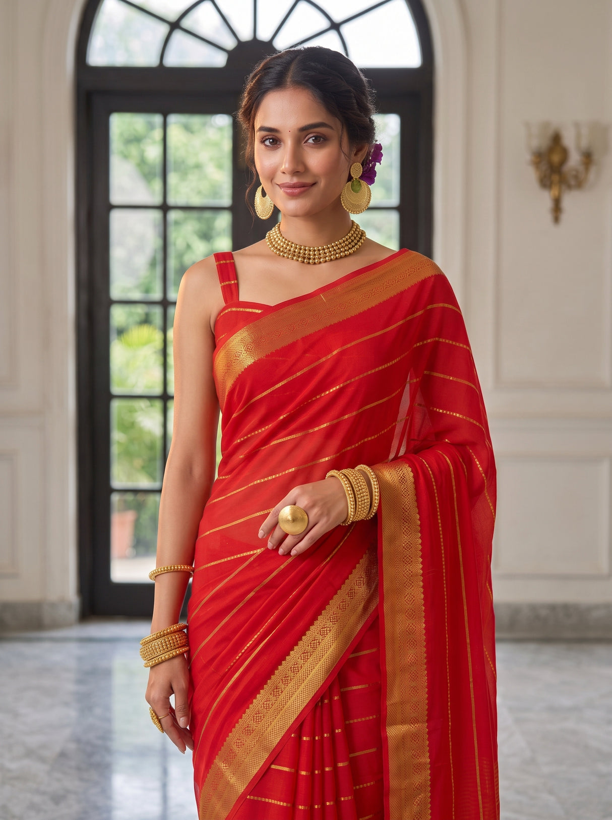 MIMOSA Orange Mysore Silk Crepe Saree — pose 10 styling detail