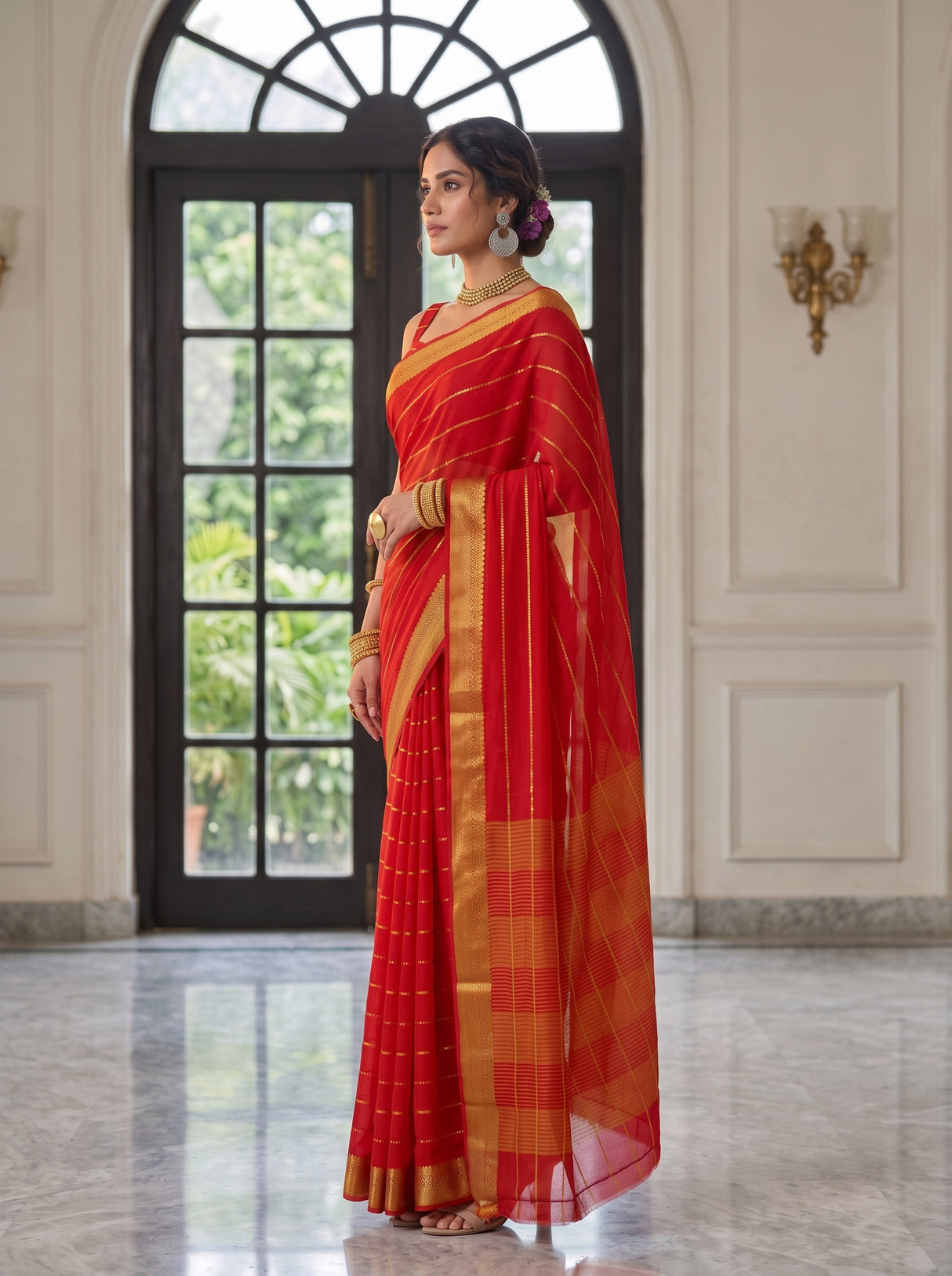 MIMOSA Orange Mysore Silk Crepe Saree — pose 3 styling detail