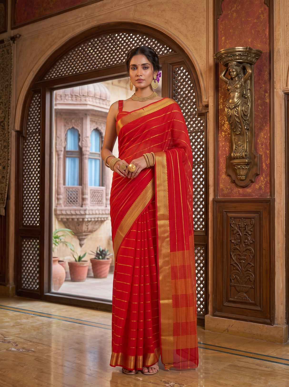 MIMOSA Orange Mysore Silk Crepe Saree — pose 4 styling detail