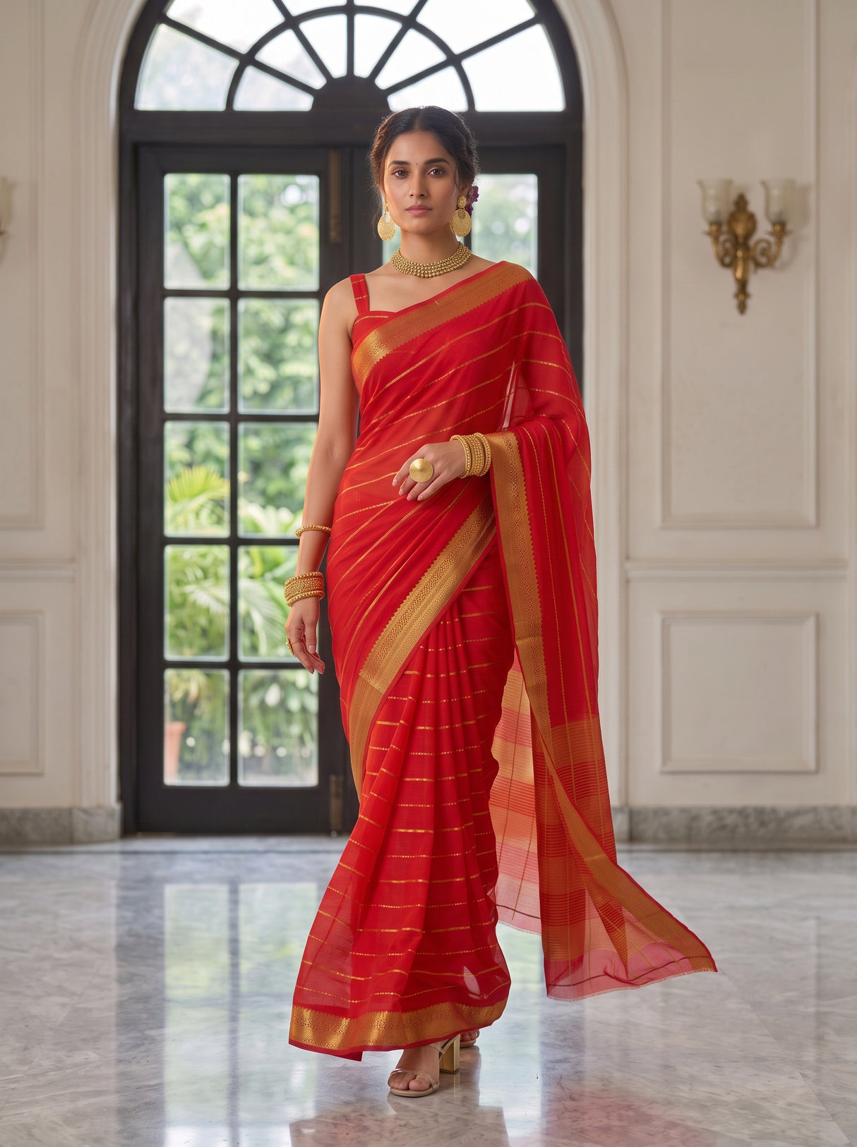 MIMOSA Orange Mysore Silk Crepe Saree — pose 6 styling detail