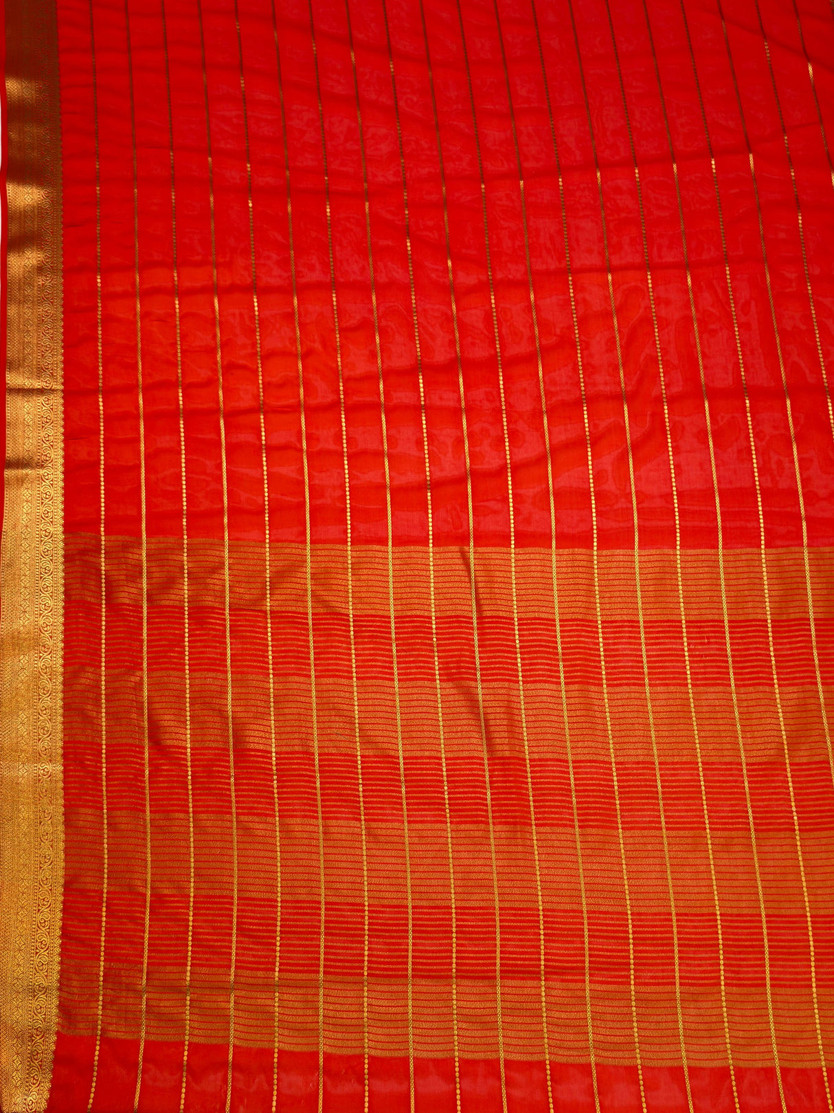 MIMOSA Orange Mysore Silk Crepe Saree — pallu and zari work detail