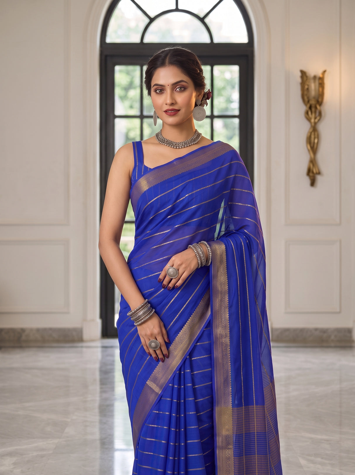 MIMOSA Royal Blue Mysore Silk Crepe Saree — pose 10 styling detail