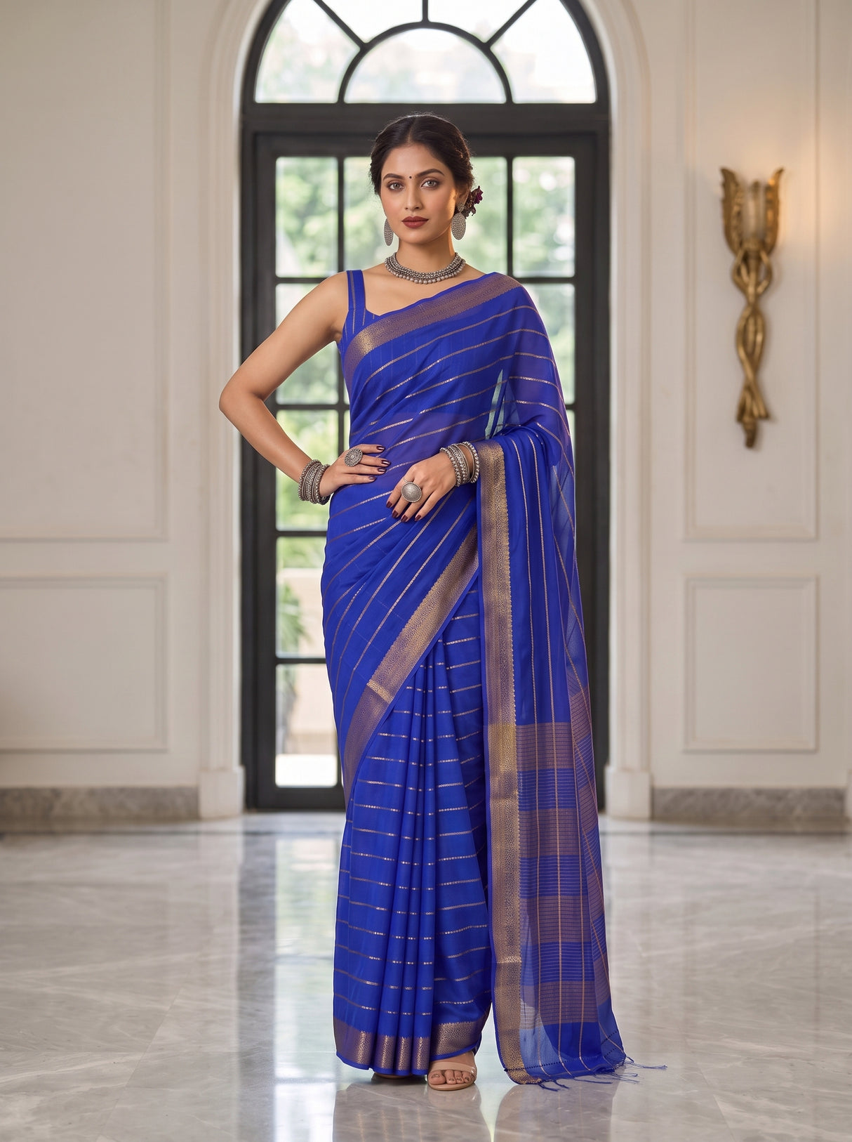 MIMOSA Royal Blue Mysore Silk Crepe Saree — pose 4 styling detail