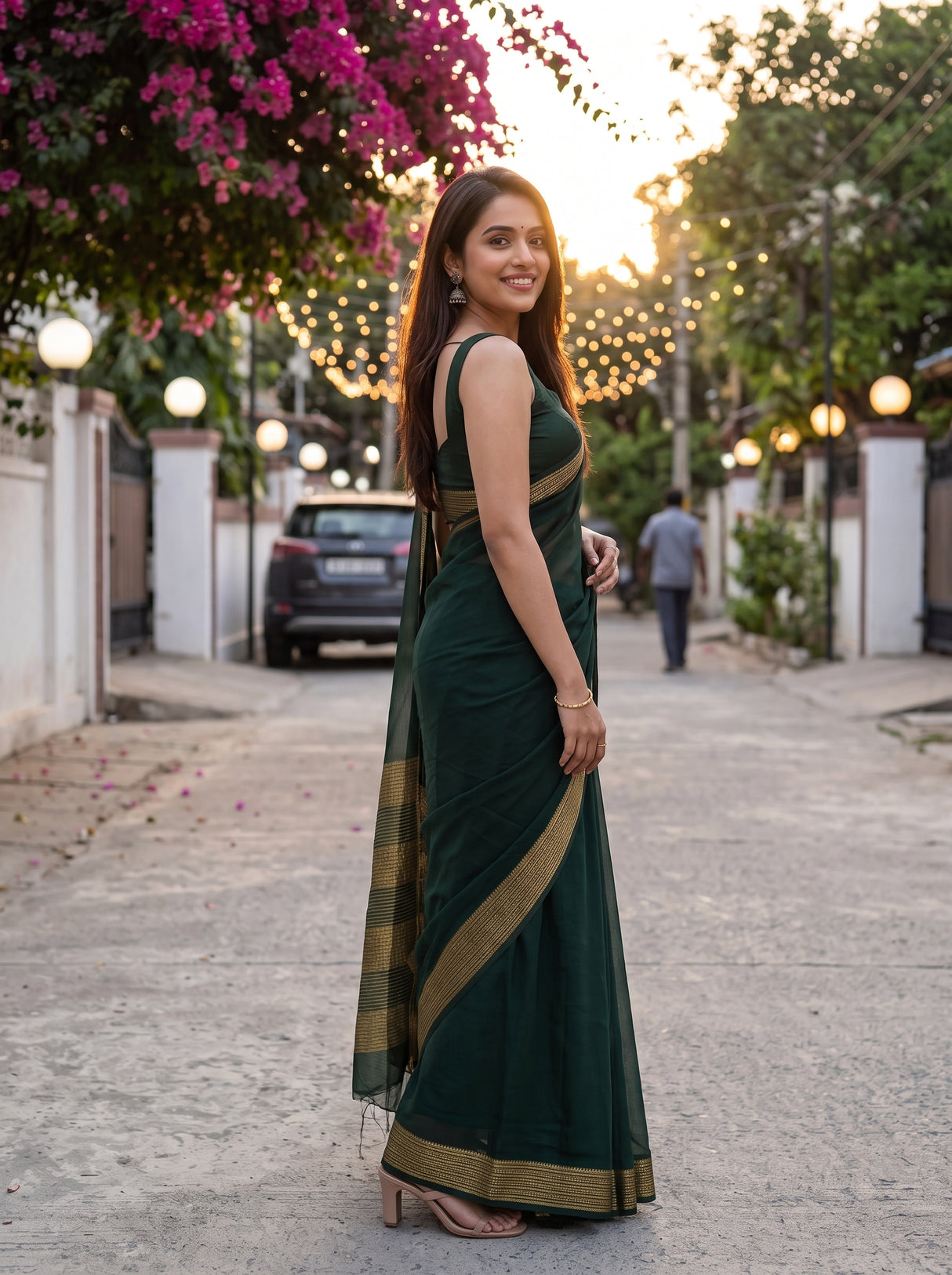 MIMOSA Bottle Green Saree Saree — pose 5 styling detail