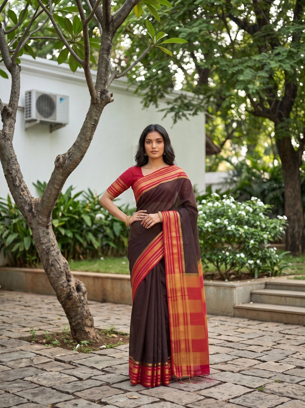 MIMOSA Chocolate Mysore Silk Crepe Saree — pose 10 styling detail