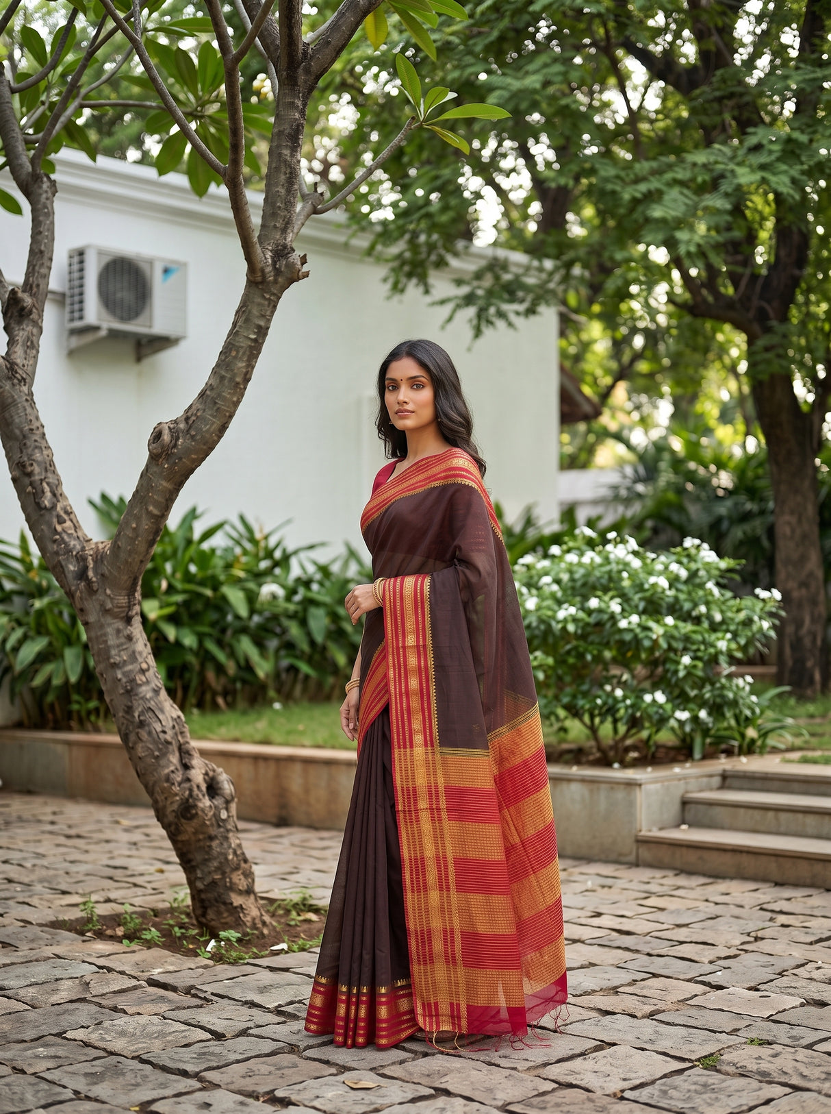 MIMOSA Chocolate Mysore Silk Crepe Saree — pose 5 styling detail