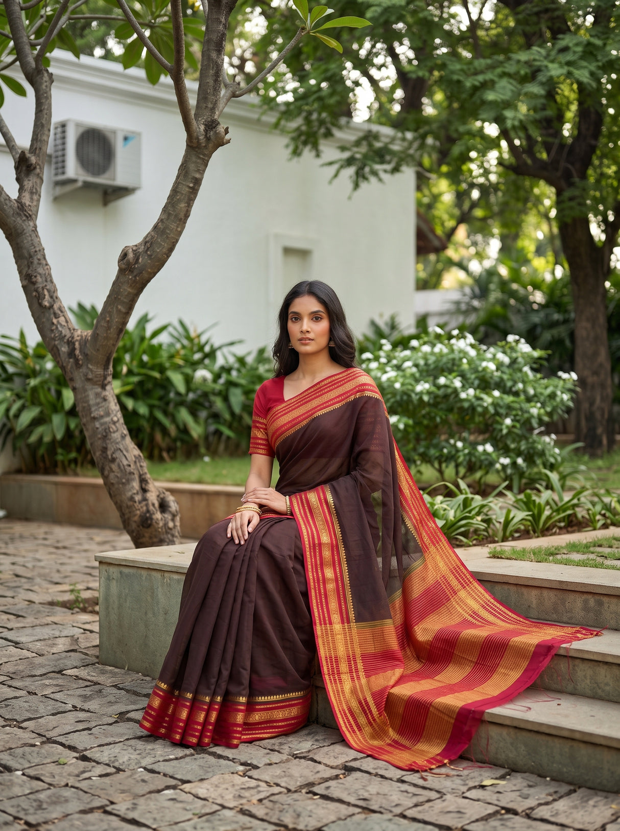 MIMOSA Chocolate Mysore Silk Crepe Saree — pose 8 styling detail