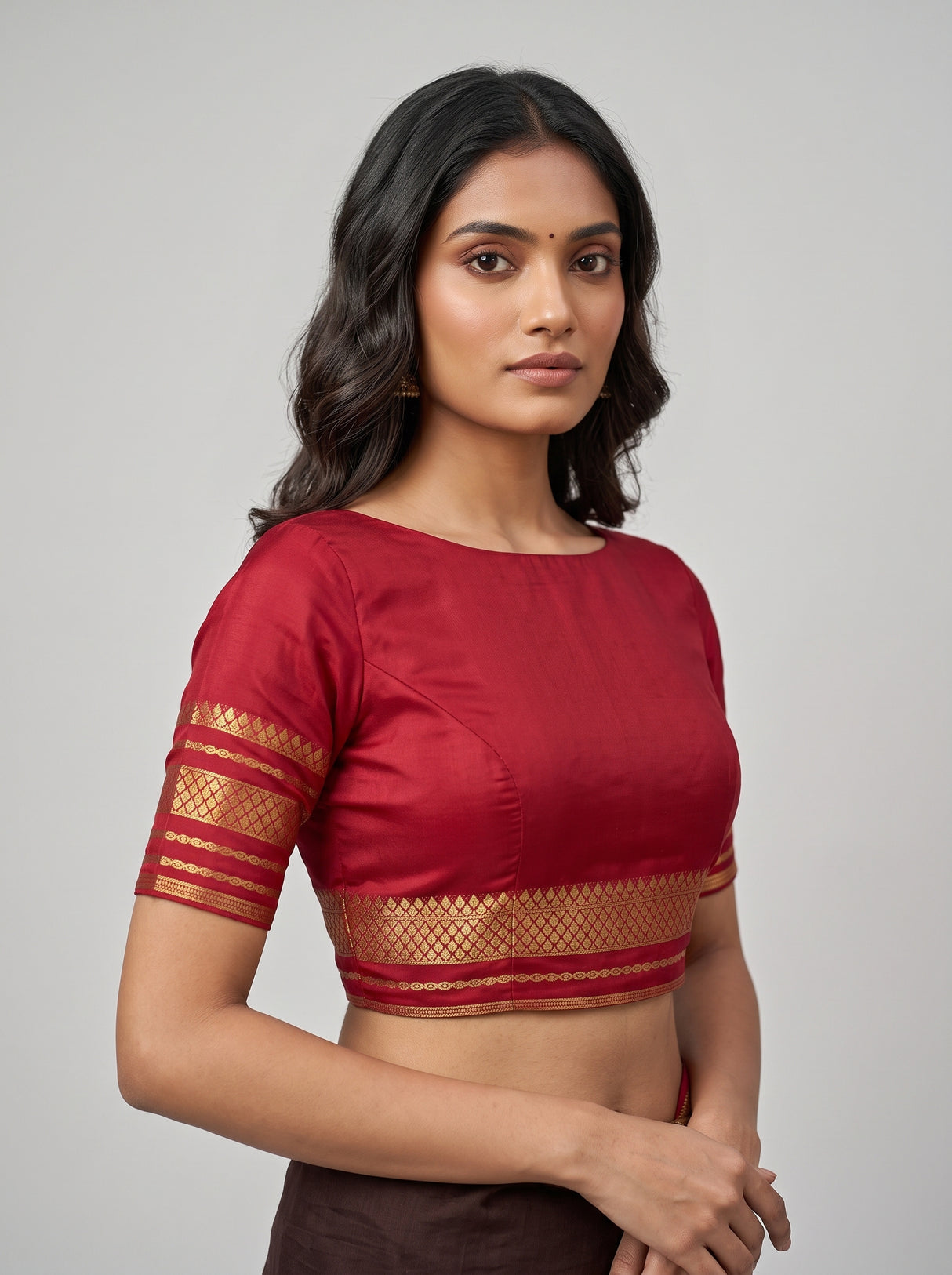 MIMOSA Chocolate Mysore Silk Crepe Saree — blouse close-up