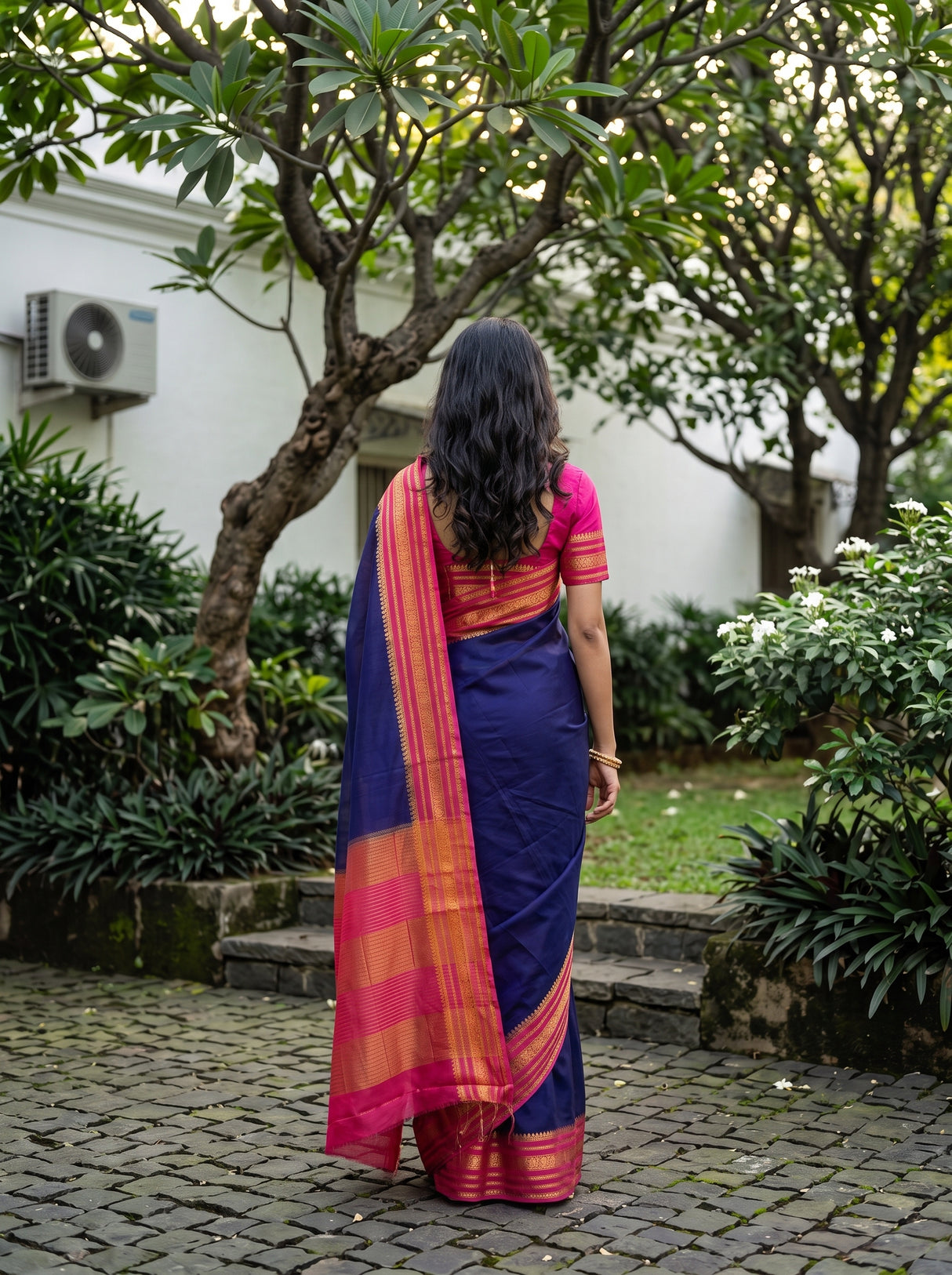 MIMOSA Navy Mysore Silk Crepe Saree — Pallu and body detail