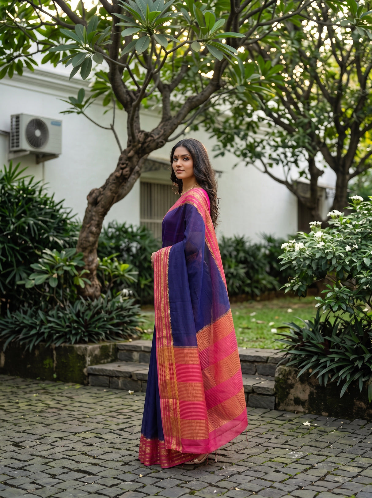 MIMOSA Navy Mysore Silk Crepe Saree — Fabric texture
