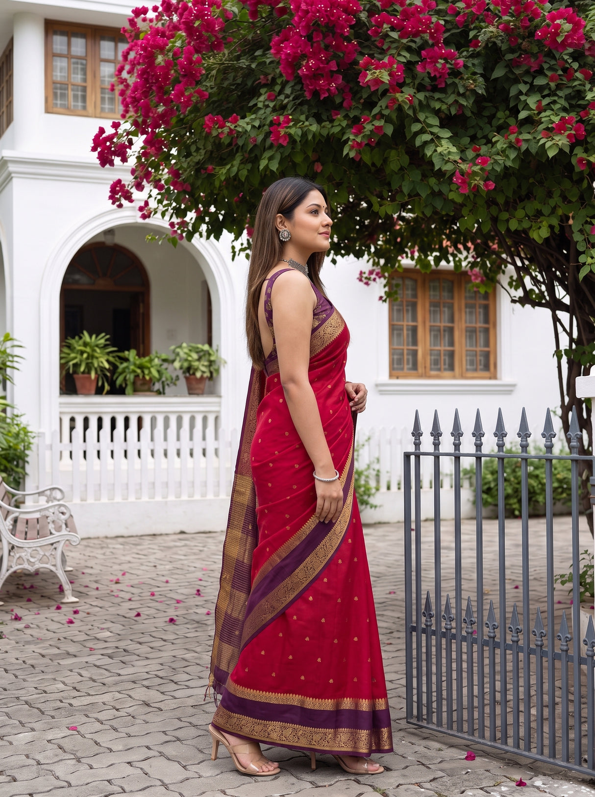 MIMOSA Strawberry Mysore Silk Crepe Saree — pose 3 styling detail