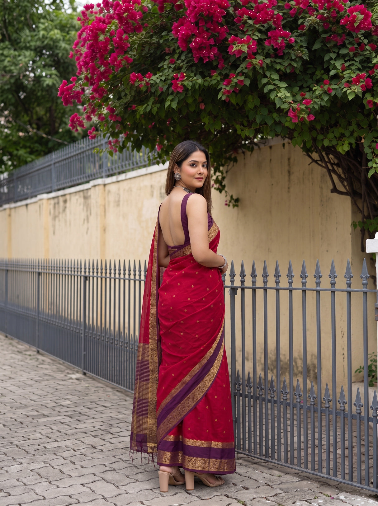 MIMOSA Strawberry Mysore Silk Crepe Saree — pose 7 styling detail