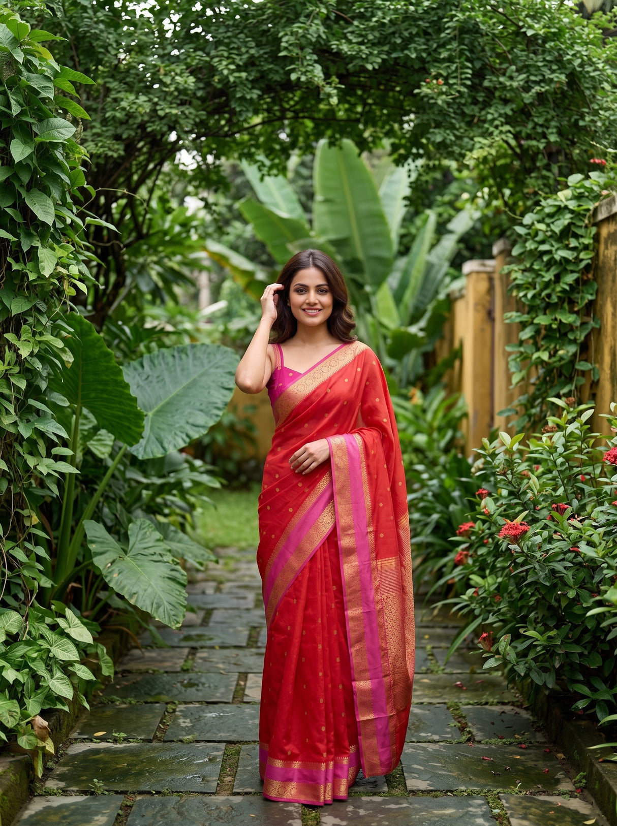 MIMOSA Red Saree Saree — pose 10 styling detail