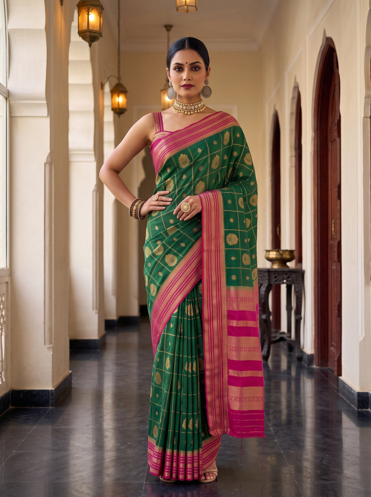 MIMOSA Bottle Green Saree Saree — pose 4 styling detail