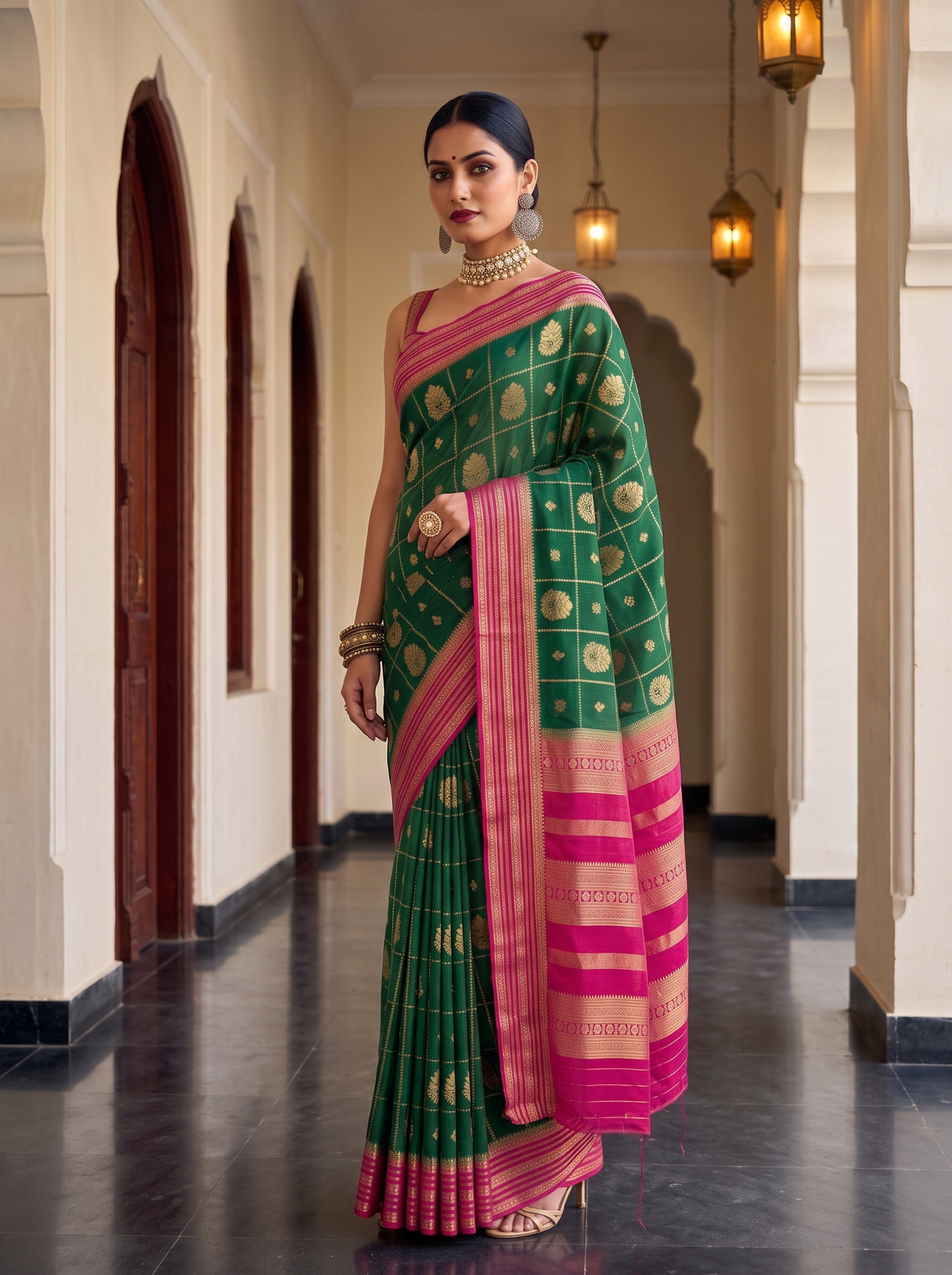 MIMOSA Bottle Green Saree Saree — pose 5 styling detail
