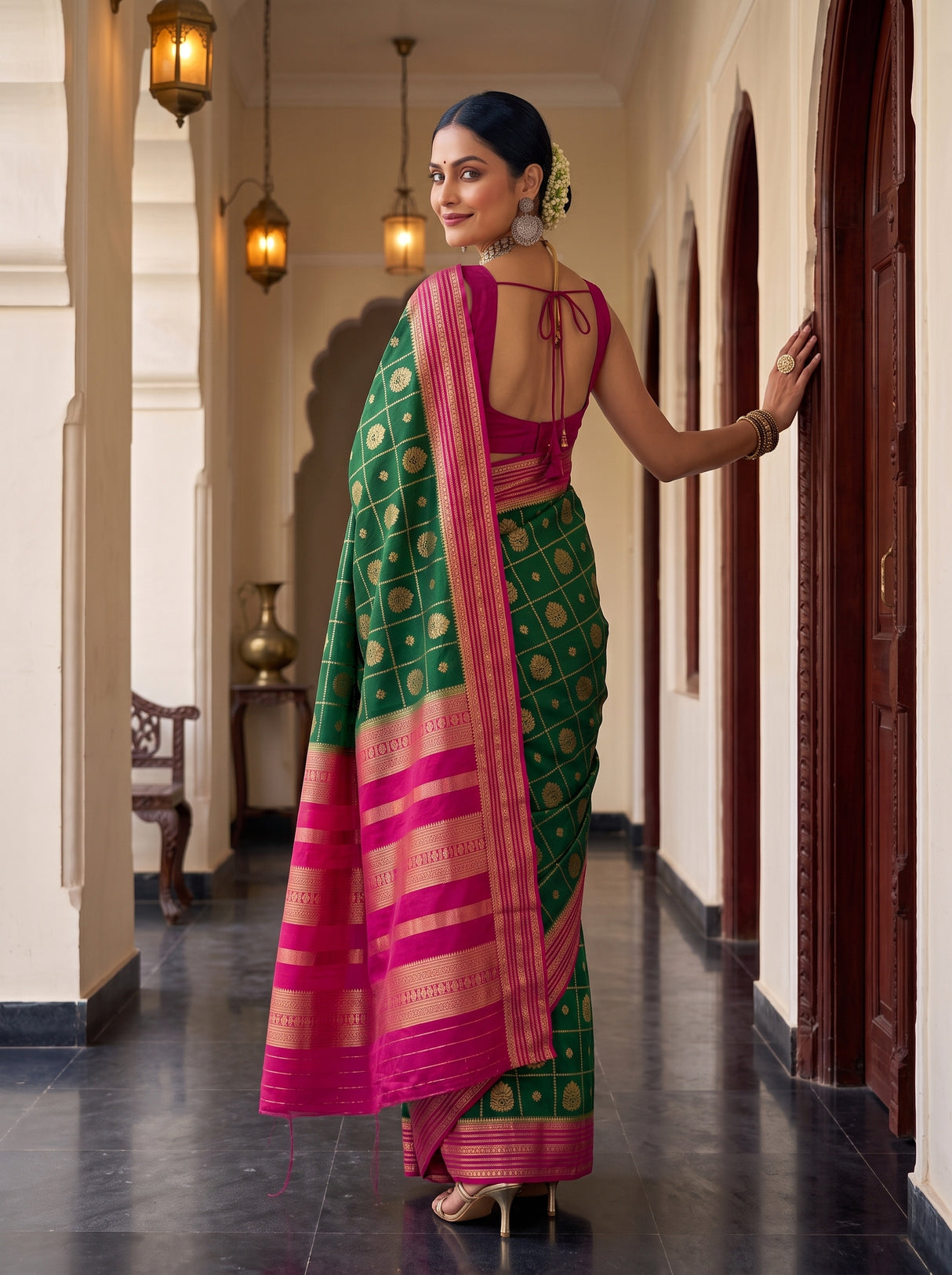 MIMOSA Bottle Green Saree Saree — pose 7 styling detail
