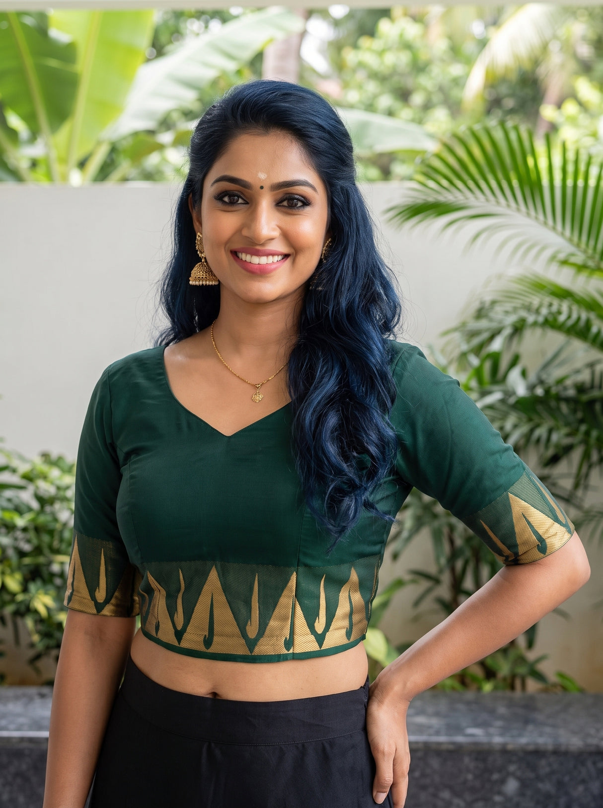 MIMOSA Bottle Green Saree Saree — blouse close-up