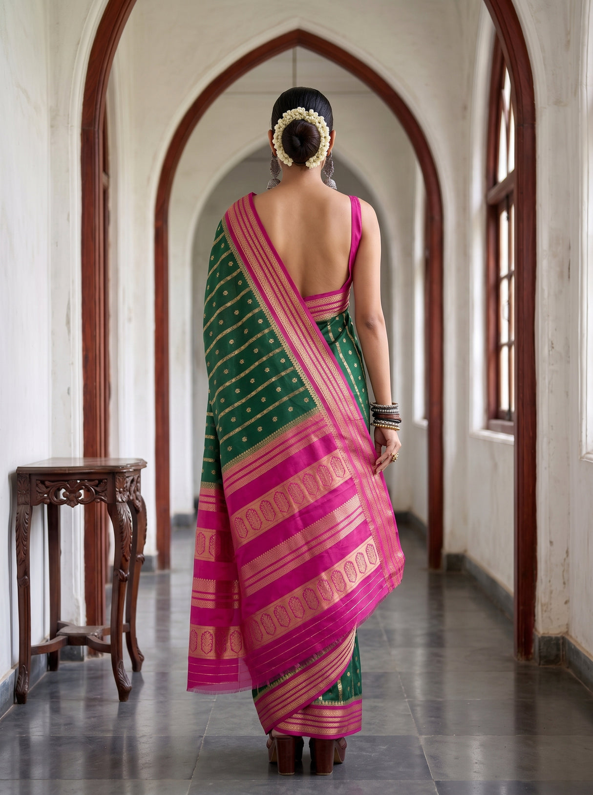 MIMOSA Bottle Green Saree Saree — pose 2 styling detail